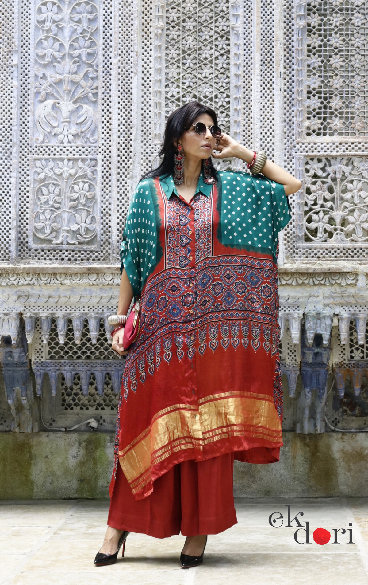 Bandhani Ajrakh Modal Kaftan Kurta Palazzo Co-ord Set | 'Desert Duel' | Ek Dori