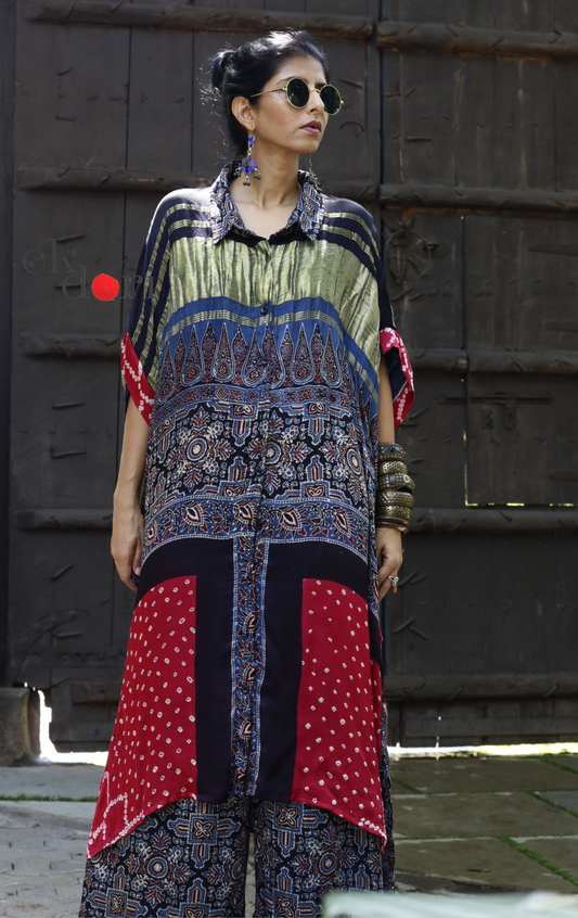 Bandhani Ajrakh Modal Kaftan Kurta Palazzo Co-ord Set | 'Desert Duel' | Ek Dori