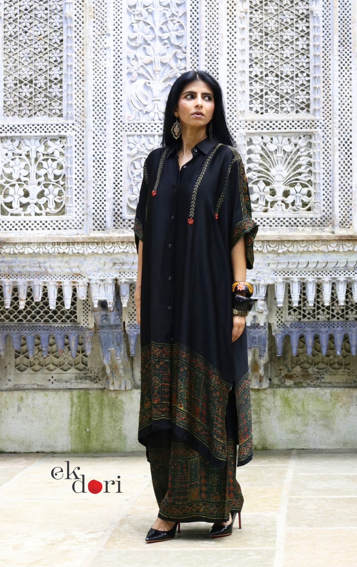 Ajrakh Kaftan Kurta Dress 'Bageecha' : Modal Ajrakh Hand Block Kaftan Kurta Palazzo Set