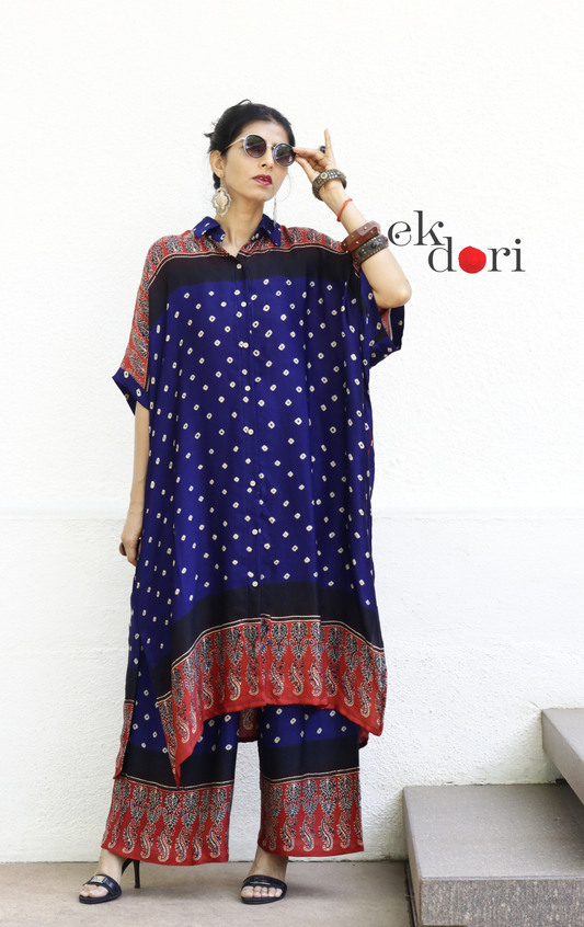 Bandhani Ajrakh Blue Modal Co-ord Set : Buy Kurta Palazzo Modal Co-ord Set 'Sunheri Shaam'