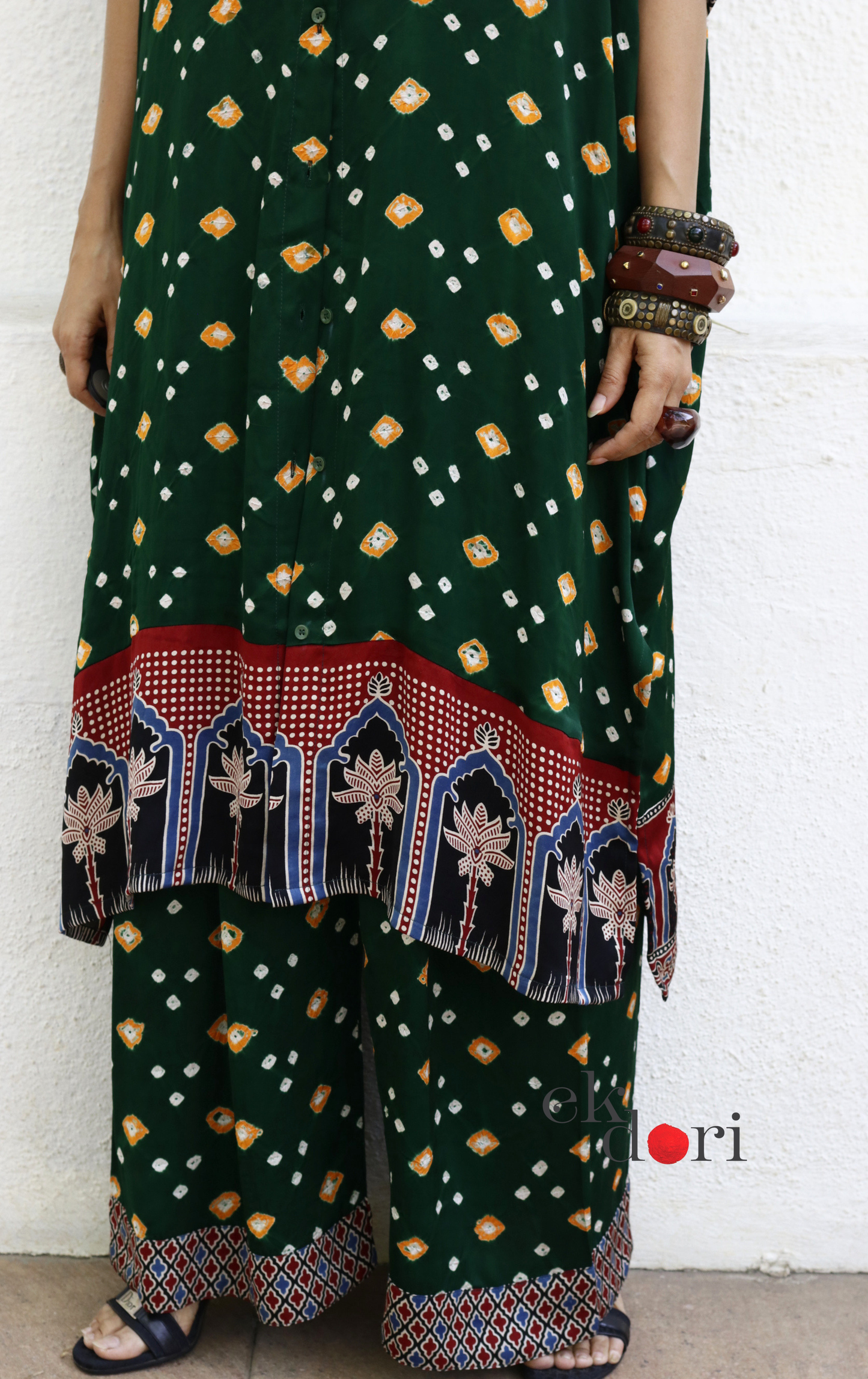 Bandhani Ajrakh Blue Modal Co-ord Set : Buy Kurta Palazzo Modal Co-ord Set 'Forest Sunset'
