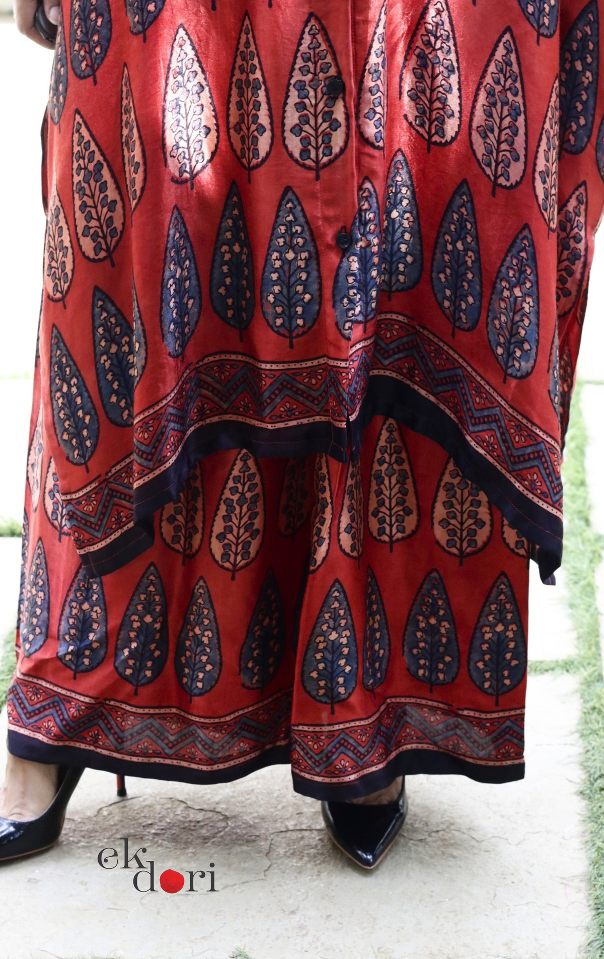Ajrakh Kaftan Kurta Dress 'Gulzaar' : Modal Ajrakh Hand Block Kaftan Kurta & Palazzo Set