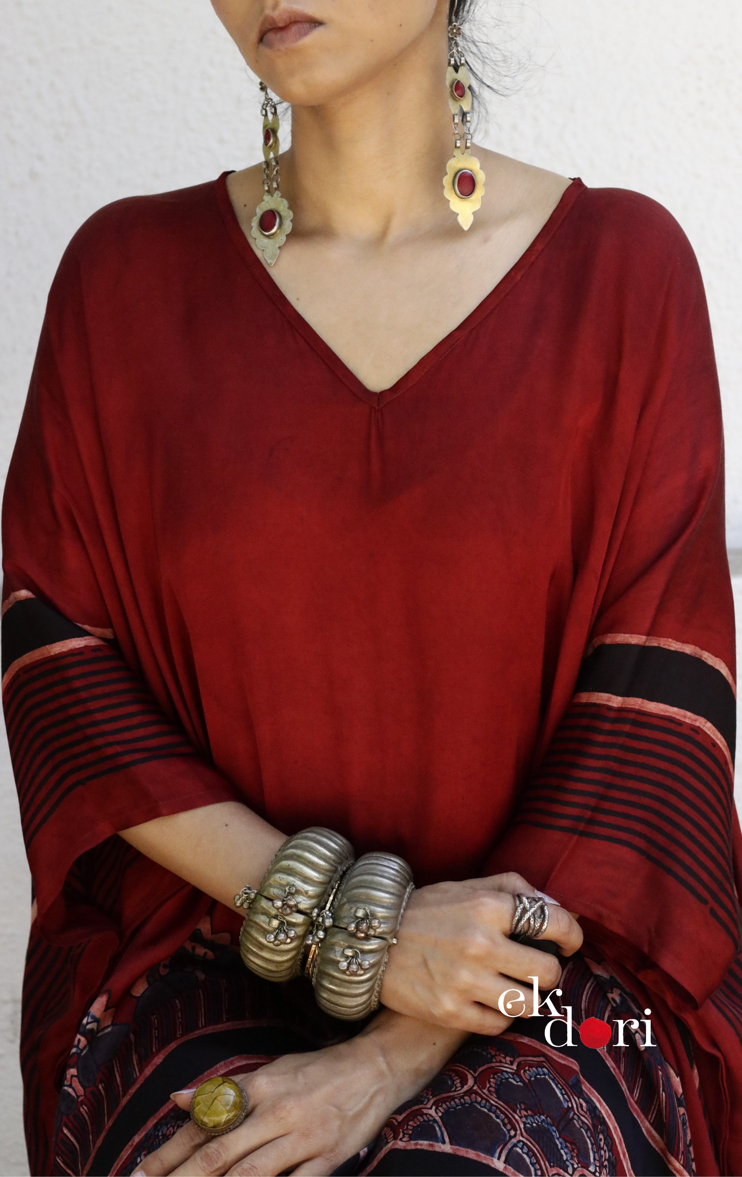 Ajrakh Kaftan Kurta Palazzo Set 'Marooned' : Modal Ajrakh Hand Block Kaftan Kurta Palazzo Set