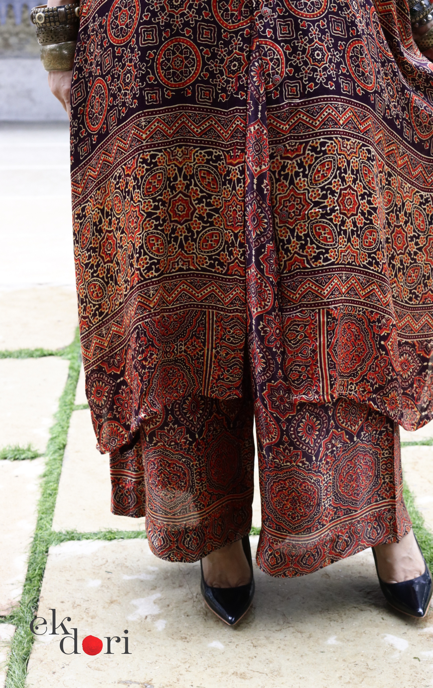 Ajrakh Kaftan Kurta Dress 'Bageecha' : Modal Ajrakh Hand Block Kaftan Kurta Palazzo Set