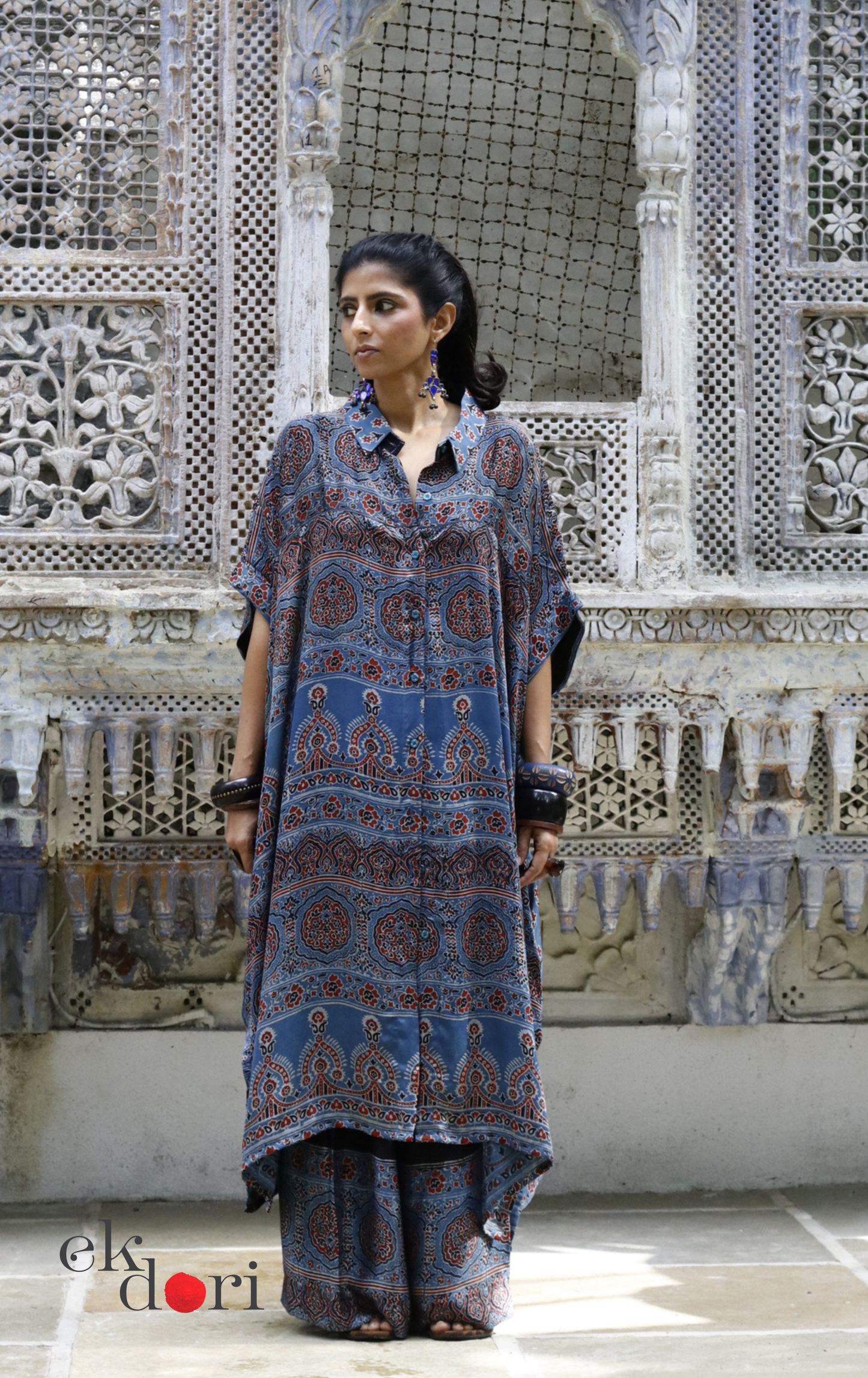 Ajrakh Kaftan Kurta Dress 'Blue Bliss' : Modal Ajrakh Hand Block Kaftan Kurta & Palazzo Set