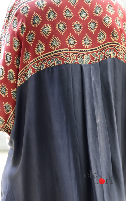 Ajrakh Kaftan Kurta Dress 'Bageecha' : Modal Ajrakh Hand Block Kaftan Kurta Palazzo Set