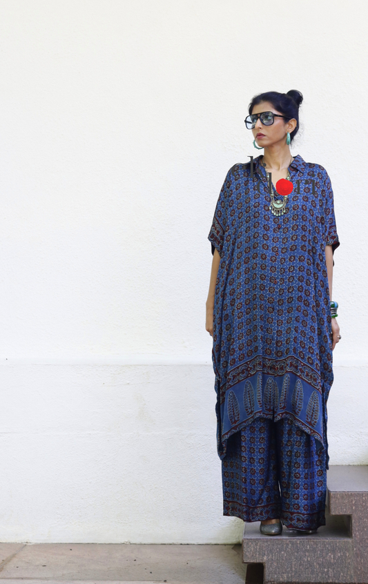 Ajrakh Kaftan Kurta Dress 'Saavan' : Modal Ajrakh Hand Block Kaftan Kurta Palazzo Set