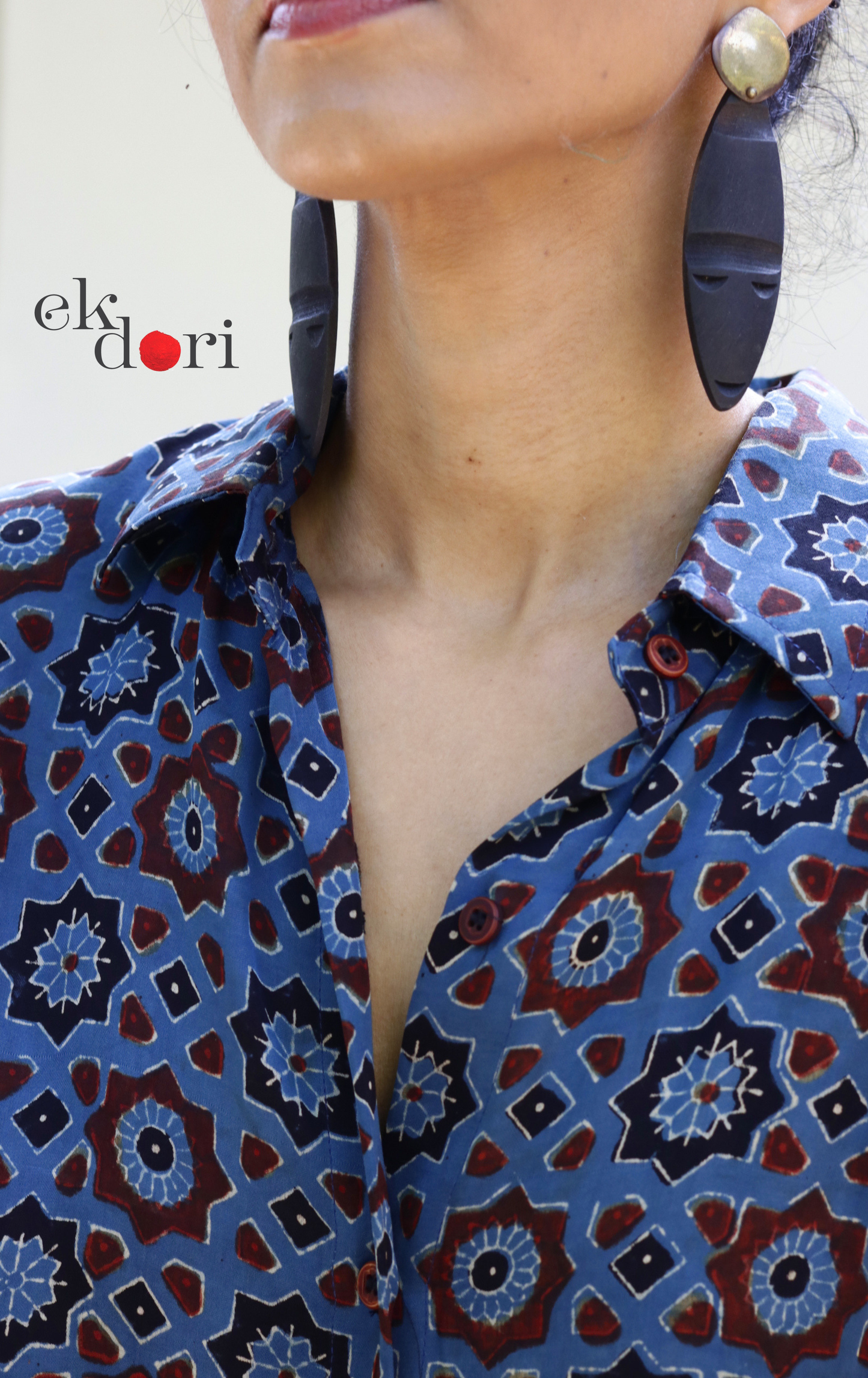 Ajrakh Kaftan Kurta Dress 'Blue Bliss' : Modal Ajrakh Hand Block Kaftan Kurta & Palazzo Set