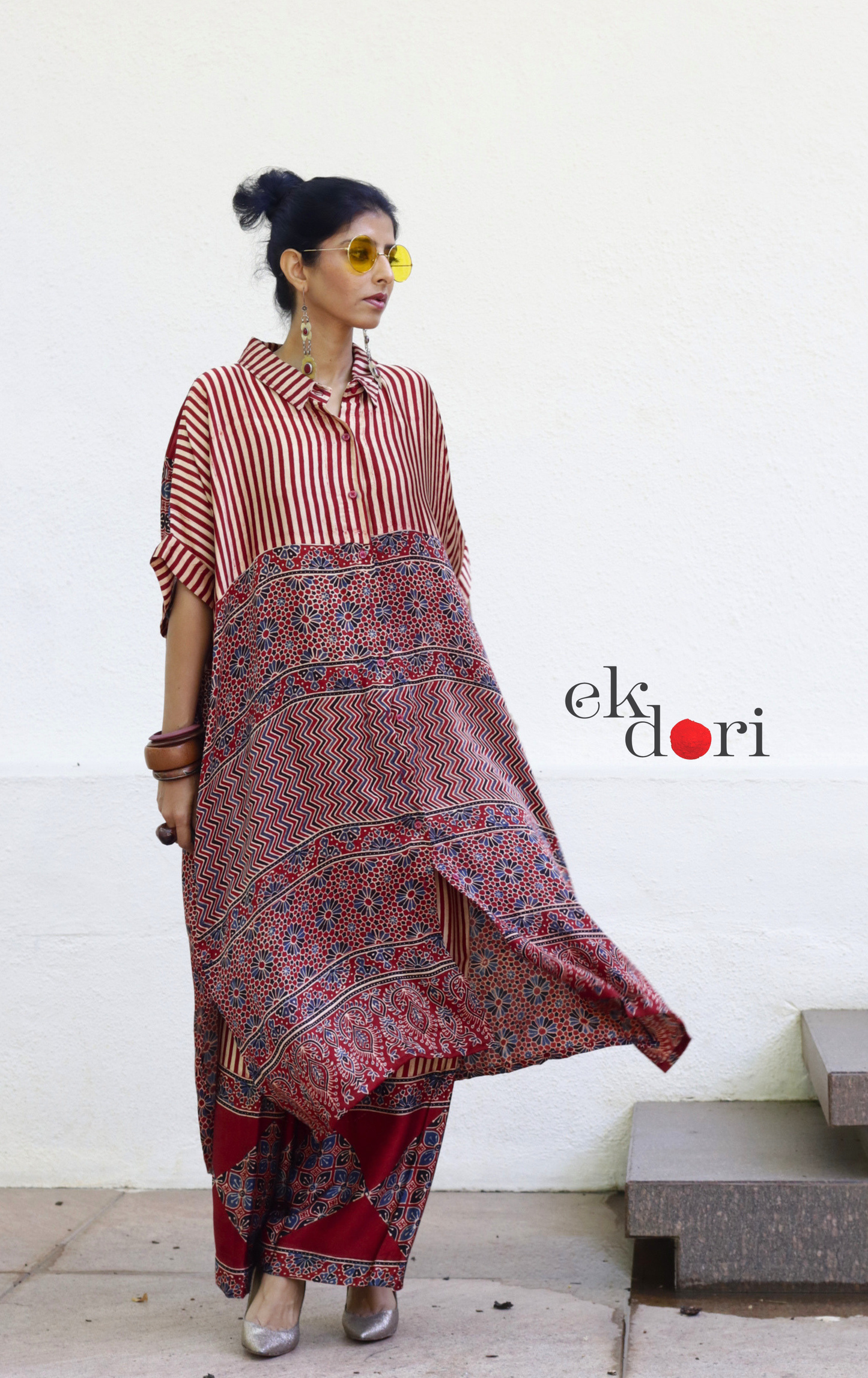 Ajrakh Kaftan Kurta Dress 'Mehfil' : Modal Ajrakh Hand Block Kaftan Kurta & Palazzo Set