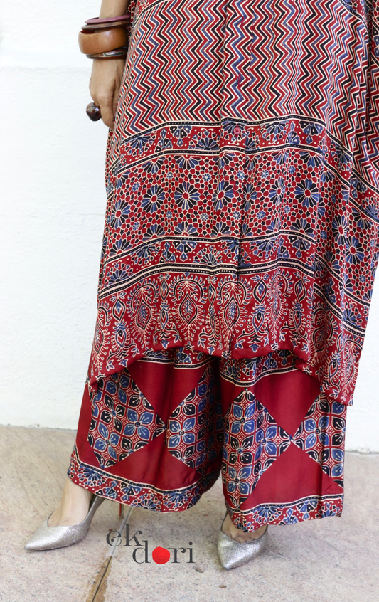 Ajrakh Kaftan Kurta Dress 'Mehfil' : Modal Ajrakh Hand Block Kaftan Kurta & Palazzo Set