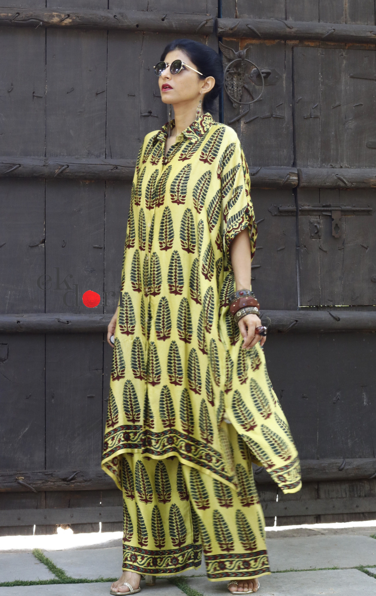 Ajrakh Kaftan Kurta Dress 'Butter' : Modal Ajrakh Hand Block Kaftan Kurta & Palazzo Set
