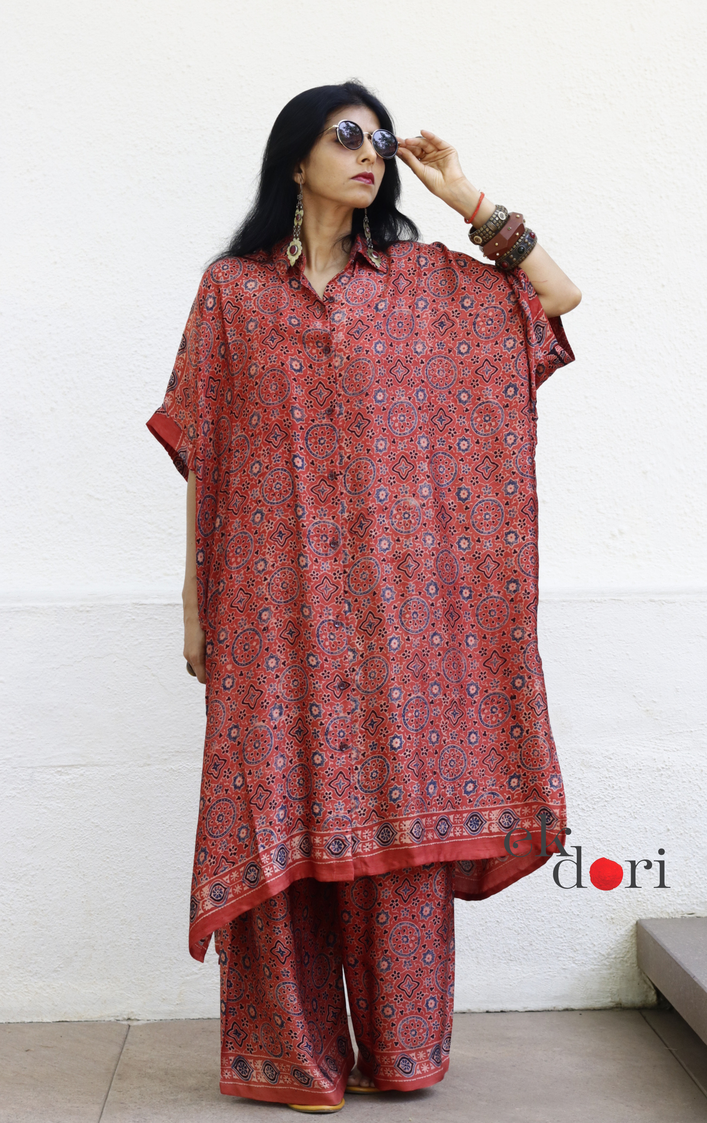 Ajrakh Kaftan Kurta Dress 'Mehfil' : Modal Ajrakh Hand Block Kaftan Kurta & Palazzo Set