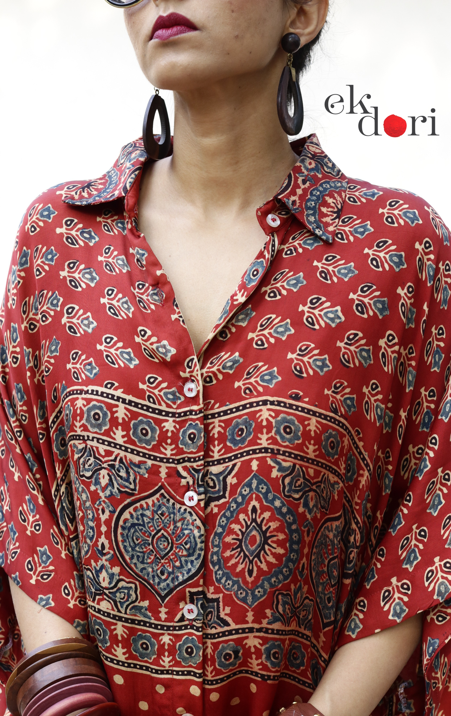 Ajrakh Kaftan Kurta Dress 'Bageecha' : Modal Ajrakh Hand Block Kaftan Kurta & Palazzo Set