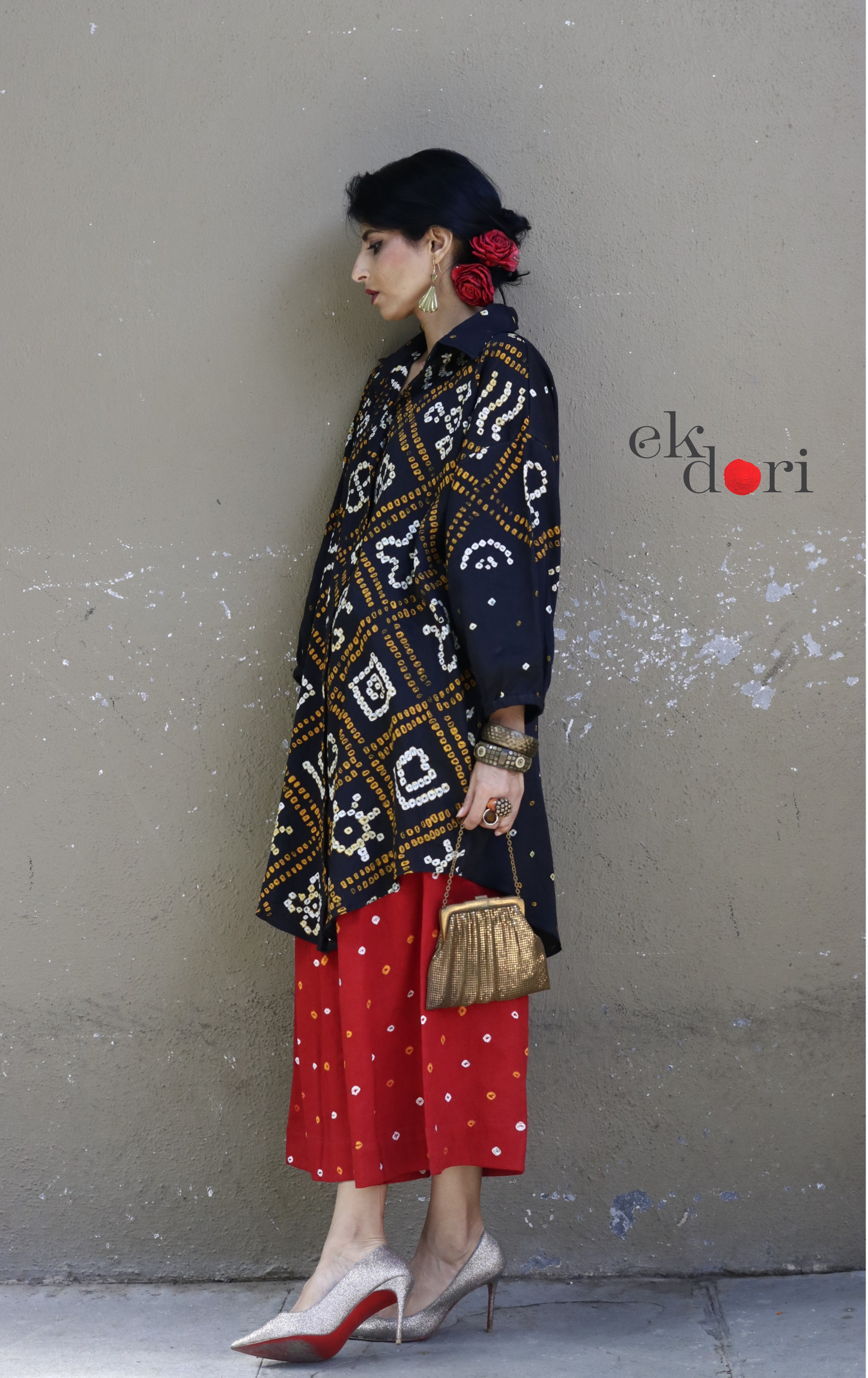 Bandhani 'Charcoal & Red' Cotton Co-ord Set : Buy Kurta Palazzo Cotton Co-ord Set Cotton Bandhani Set