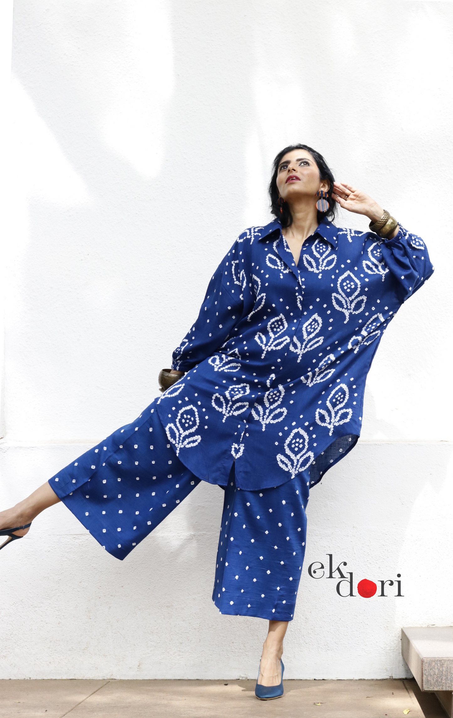 Bandhani 'Neeli Kali' Blue Cotton Co-ord Set : Buy Kurta Palazzo Cotton Co-ord Set
