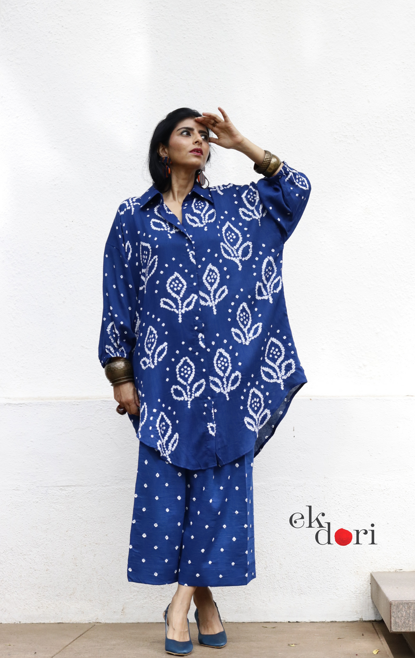 Bandhani 'Neeli Kali' Blue Cotton Co-ord Set : Buy Kurta Palazzo Cotton Co-ord Set