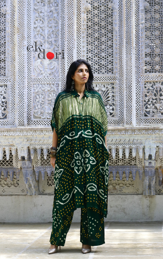 Bandhani Modal Kurta Co-ord Set In Green : Buy Kurta Palazzo Modal Co-ord Bandhani Set 'Forest Safari'