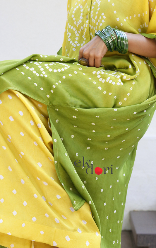 Bandhani Yellow Green Modal Co-ord Set : Buy Kurta Palazzo Modal Co-ord Set 'Sunehri'