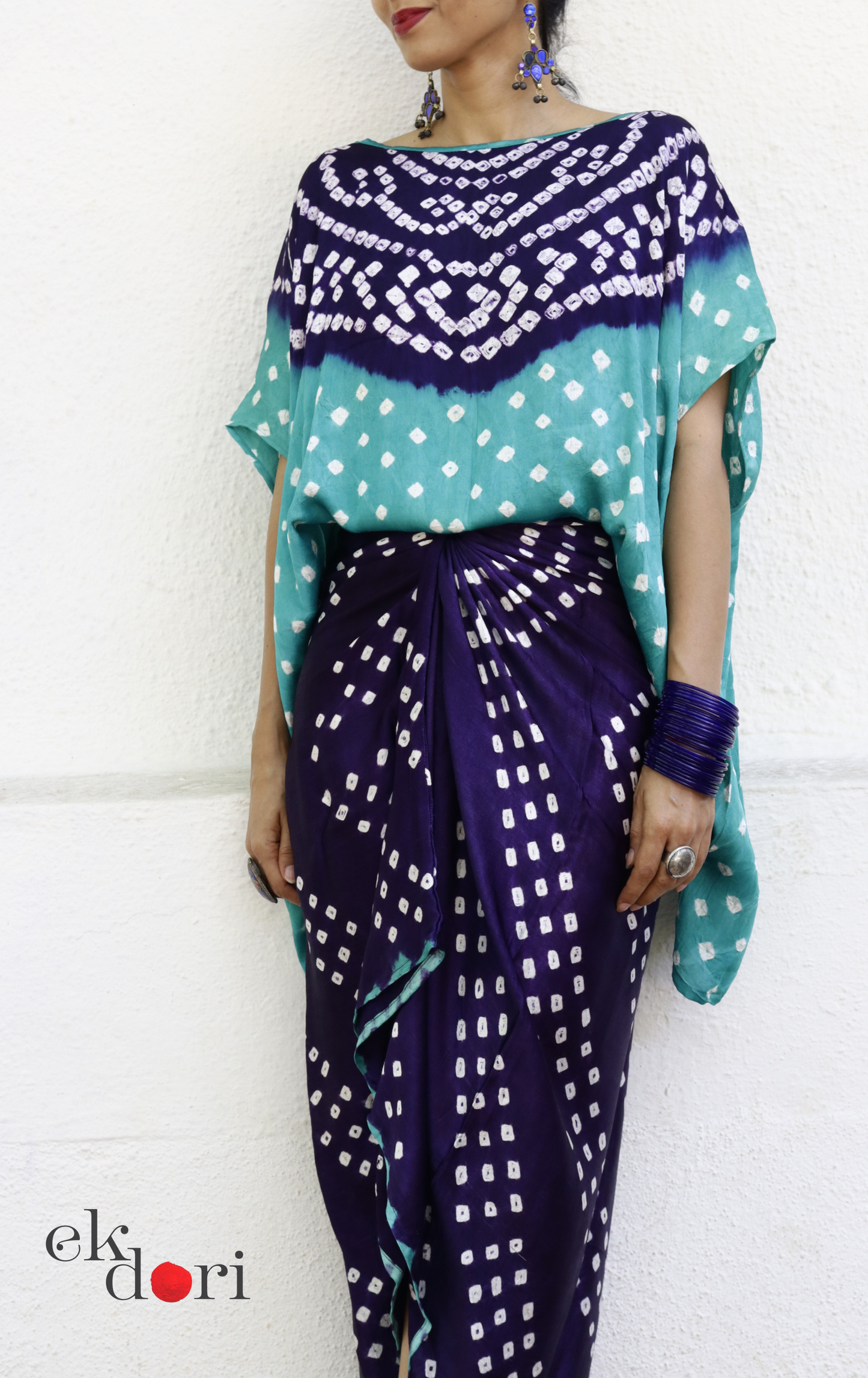 Bandhani Modal Co-ord Skirt Set 'Ocean' : 2 Piece Skirt & Bandhani Top Set