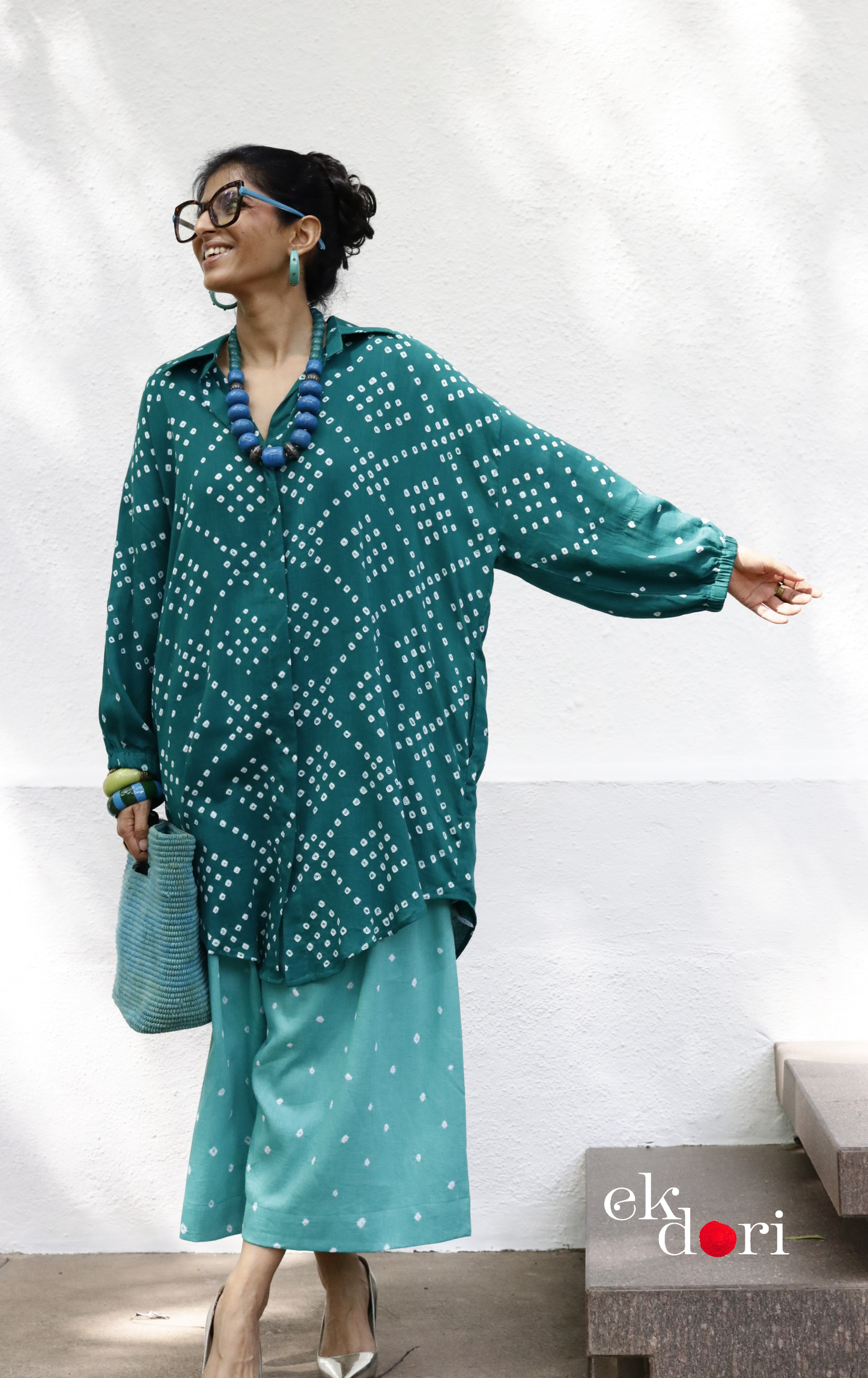 Bandhani 'Teal Barfi' Blue Cotton Co-ord Set : Buy Kurta Palazzo Cotton Co-ord Set Cotton Bandhani Set