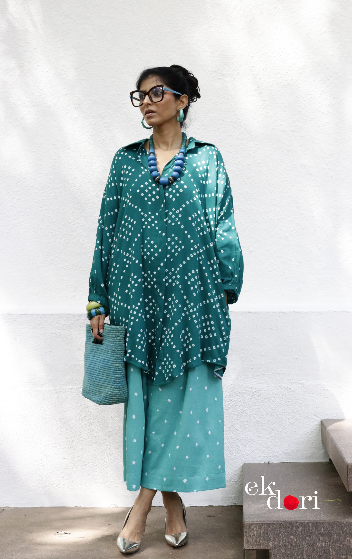 Bandhani 'Teal Barfi' Blue Cotton Co-ord Set : Buy Kurta Palazzo Cotton Co-ord Set Cotton Bandhani Set