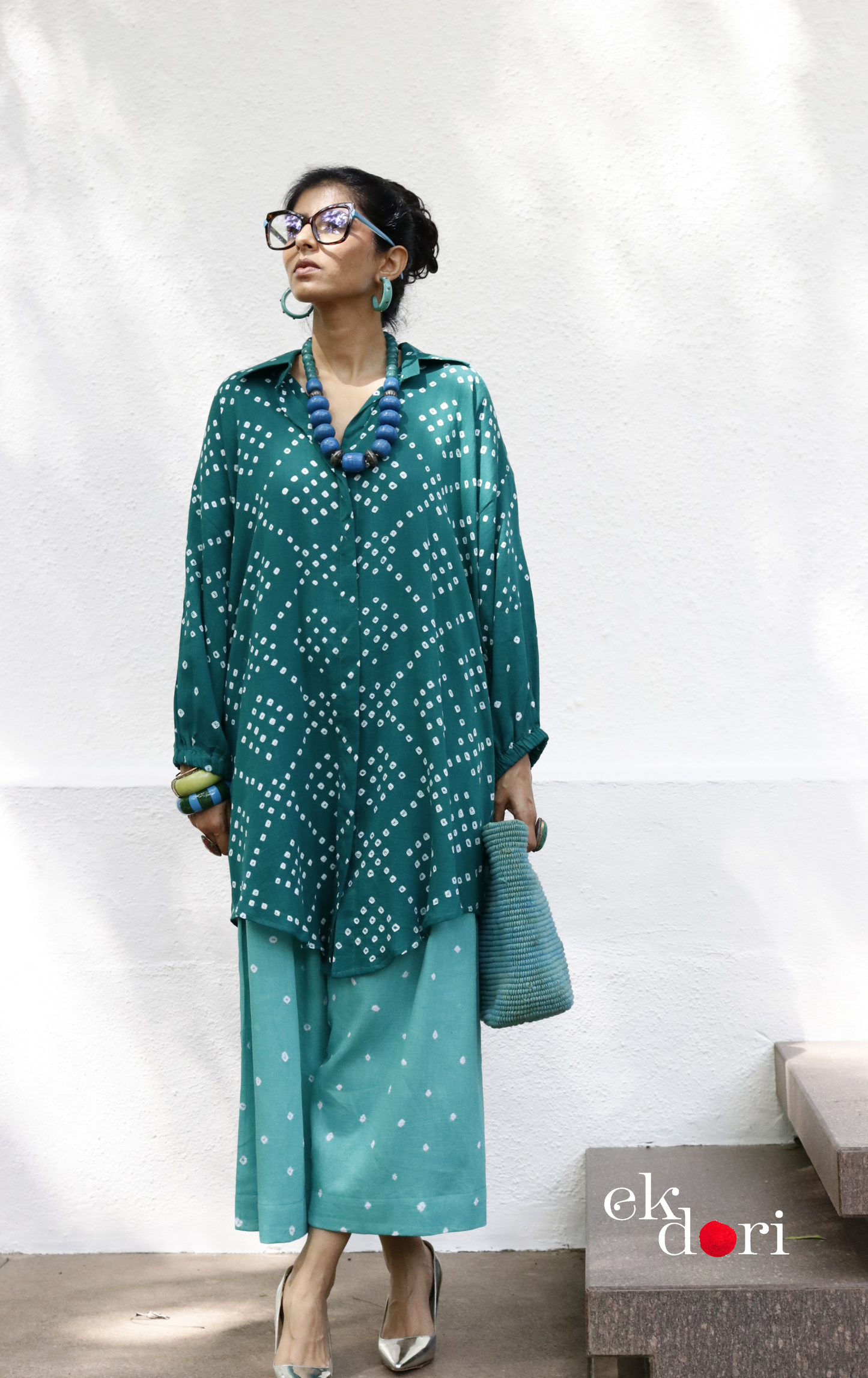 Bandhani 'Teal Barfi' Blue Cotton Co-ord Set : Buy Kurta Palazzo Cotton Co-ord Set Cotton Bandhani Set