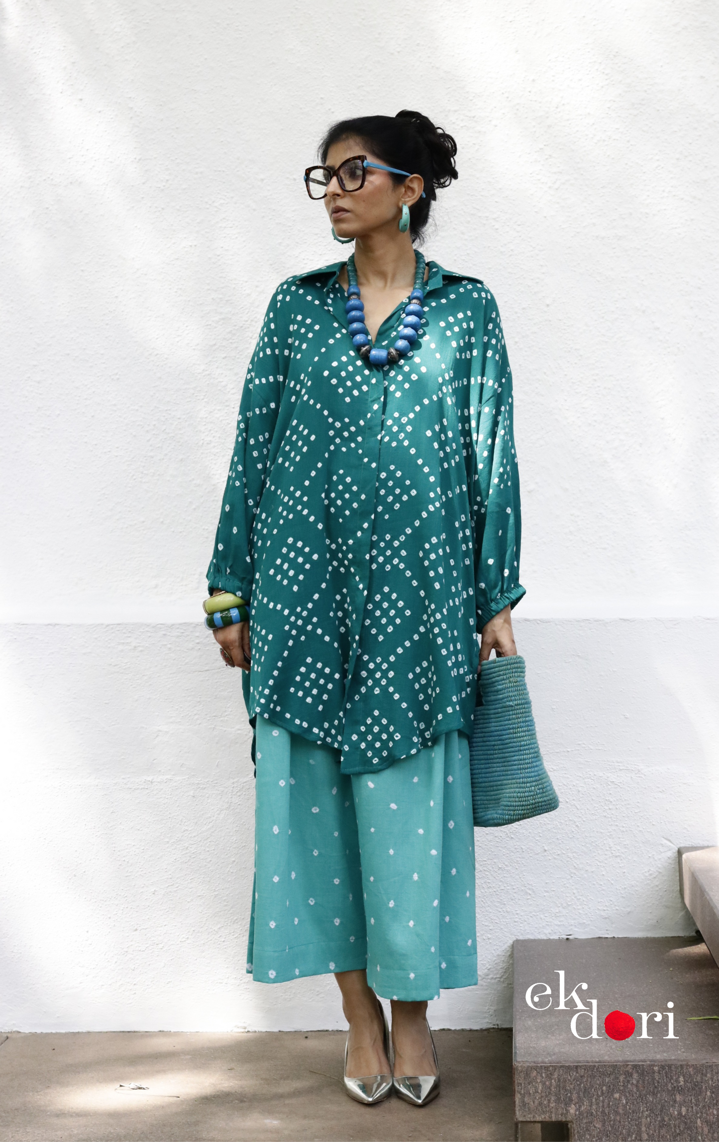 Bandhani 'Teal Barfi' Blue Cotton Co-ord Set : Buy Kurta Palazzo Cotton Co-ord Set Cotton Bandhani Set