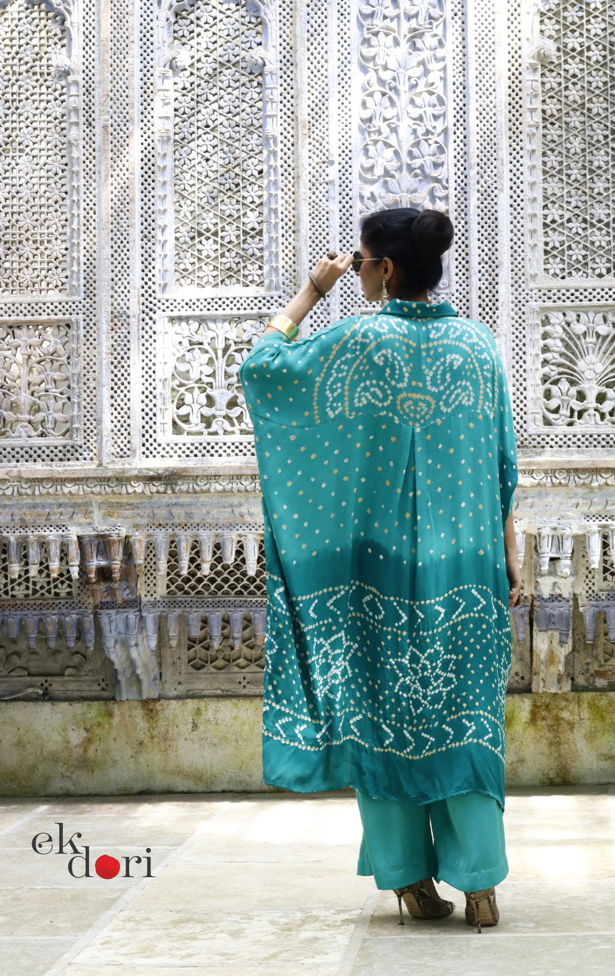 Bandhani Kaftan Kurta Dress 'Teal Truth' : Modal Bandhani Kaftan Kurta & Palazzo Set I Free Size