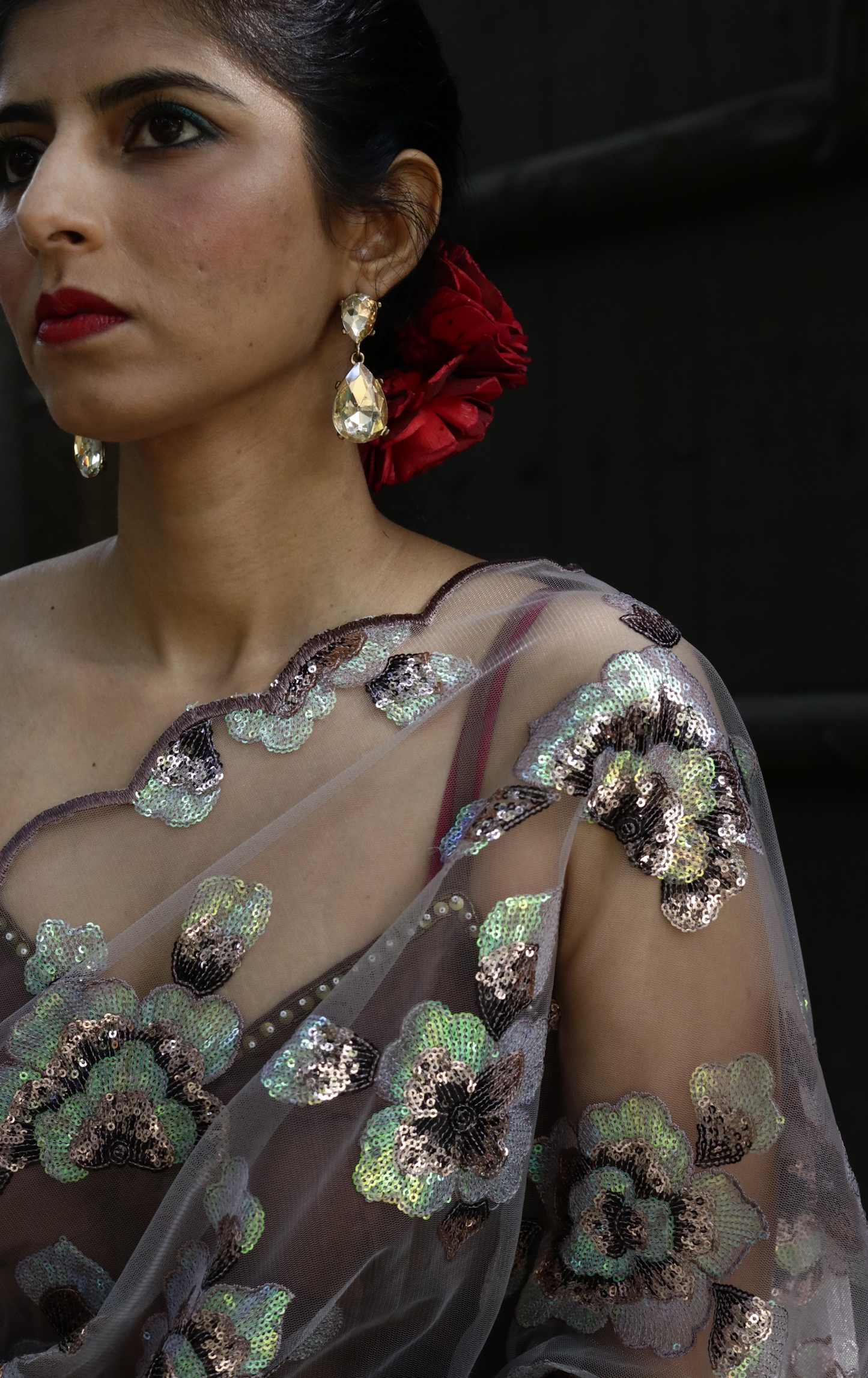 Vintage Earth Floral Sequin Saree : 'Vintage Earth' Sequin Cocktail Saree : Sequin Bollywood Saree