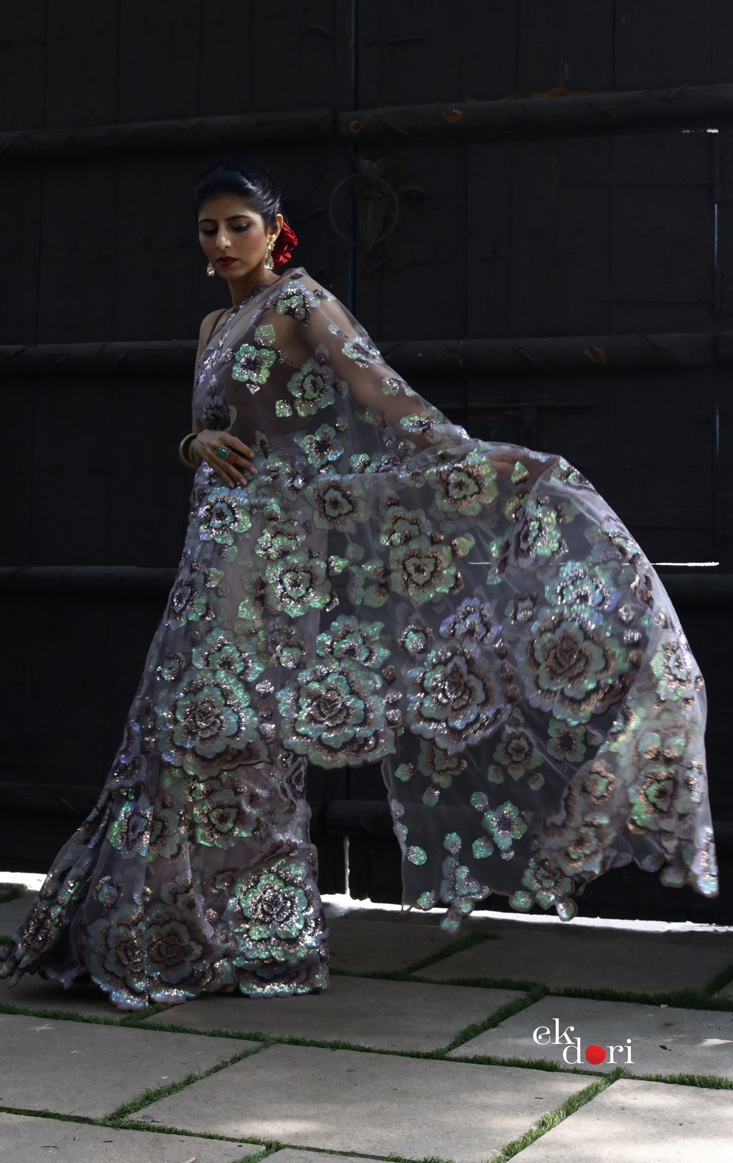 Vintage Earth Floral Sequin Saree : 'Vintage Earth' Sequin Cocktail Saree : Sequin Bollywood Saree