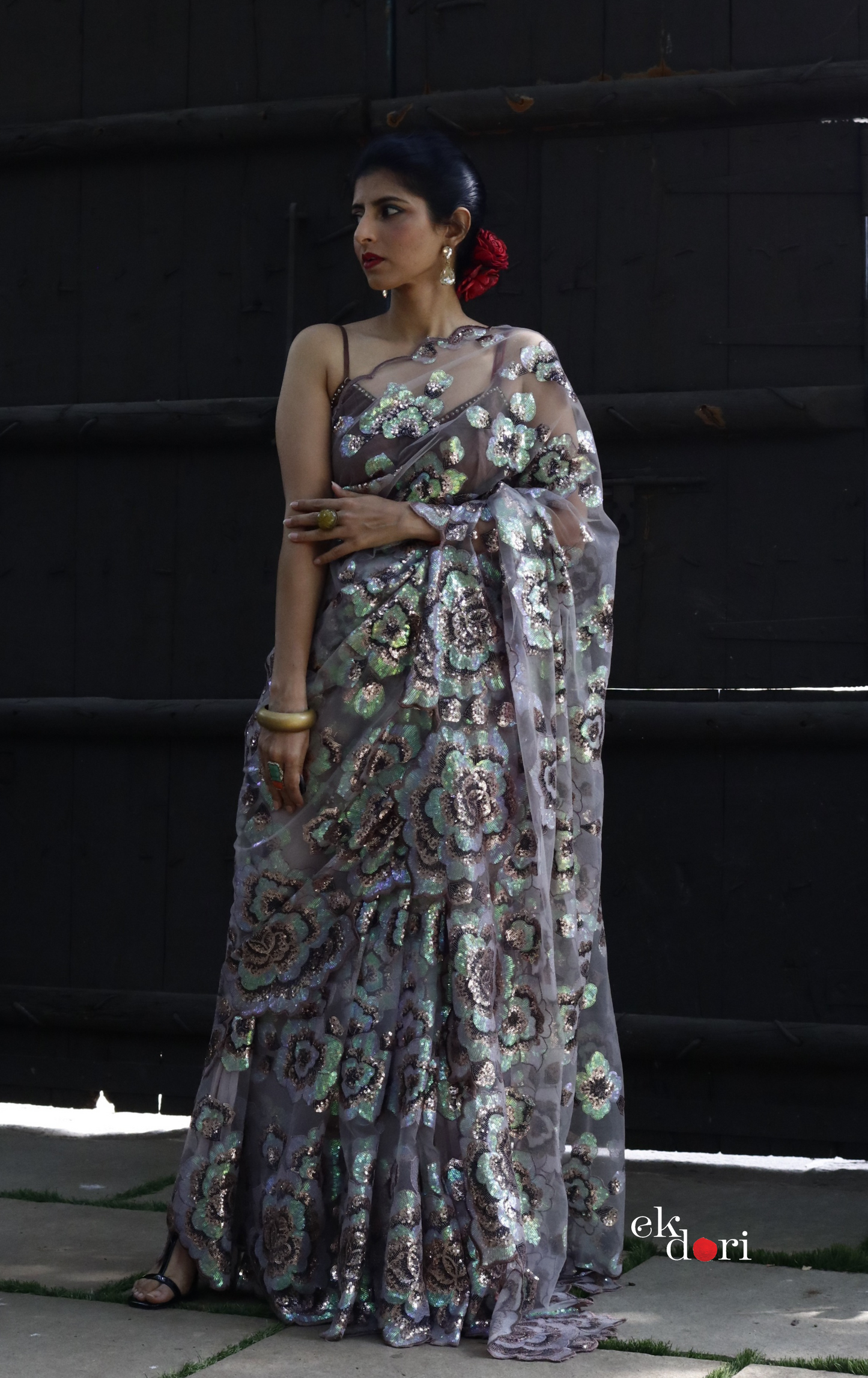 Vintage Earth Floral Sequin Saree : 'Vintage Earth' Sequin Cocktail Saree : Sequin Bollywood Saree