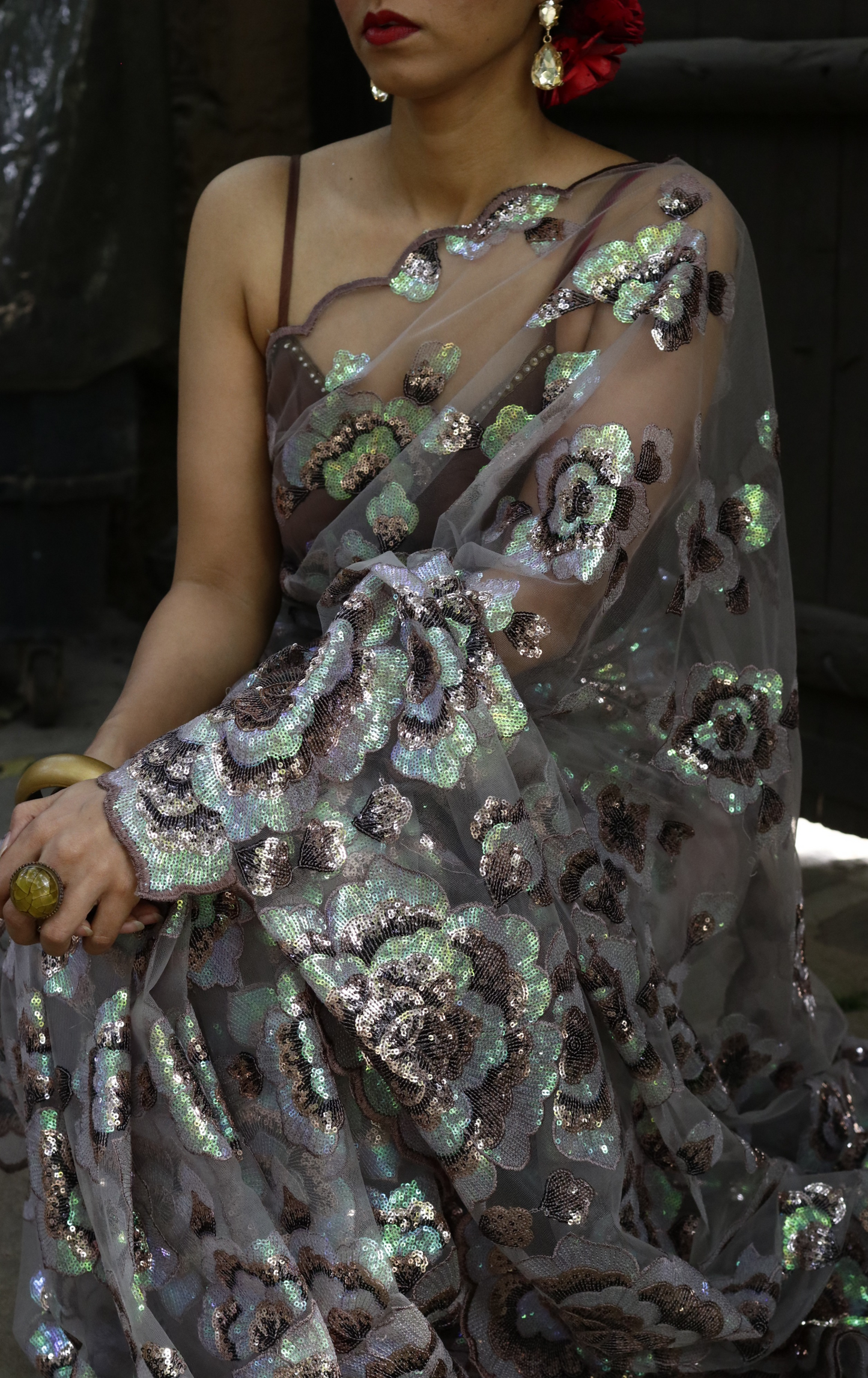 Vintage Earth Floral Sequin Saree : 'Vintage Earth' Sequin Cocktail Saree : Sequin Bollywood Saree