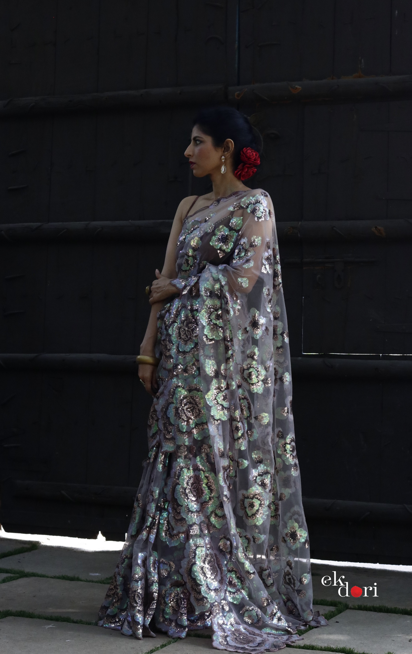 Vintage Earth Floral Sequin Saree : 'Vintage Earth' Sequin Cocktail Saree : Sequin Bollywood Saree
