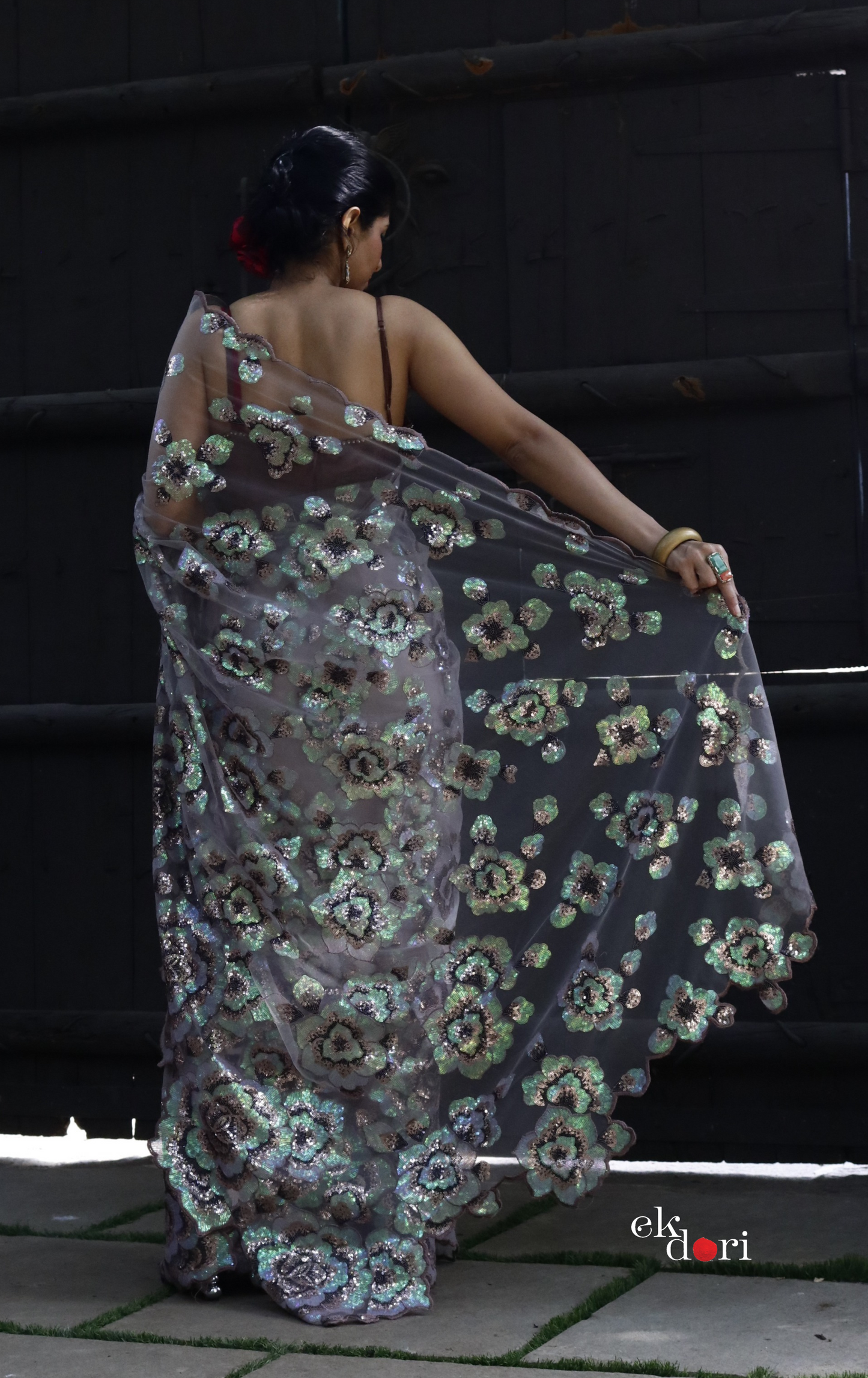 Vintage Earth Floral Sequin Saree : 'Vintage Earth' Sequin Cocktail Saree : Sequin Bollywood Saree