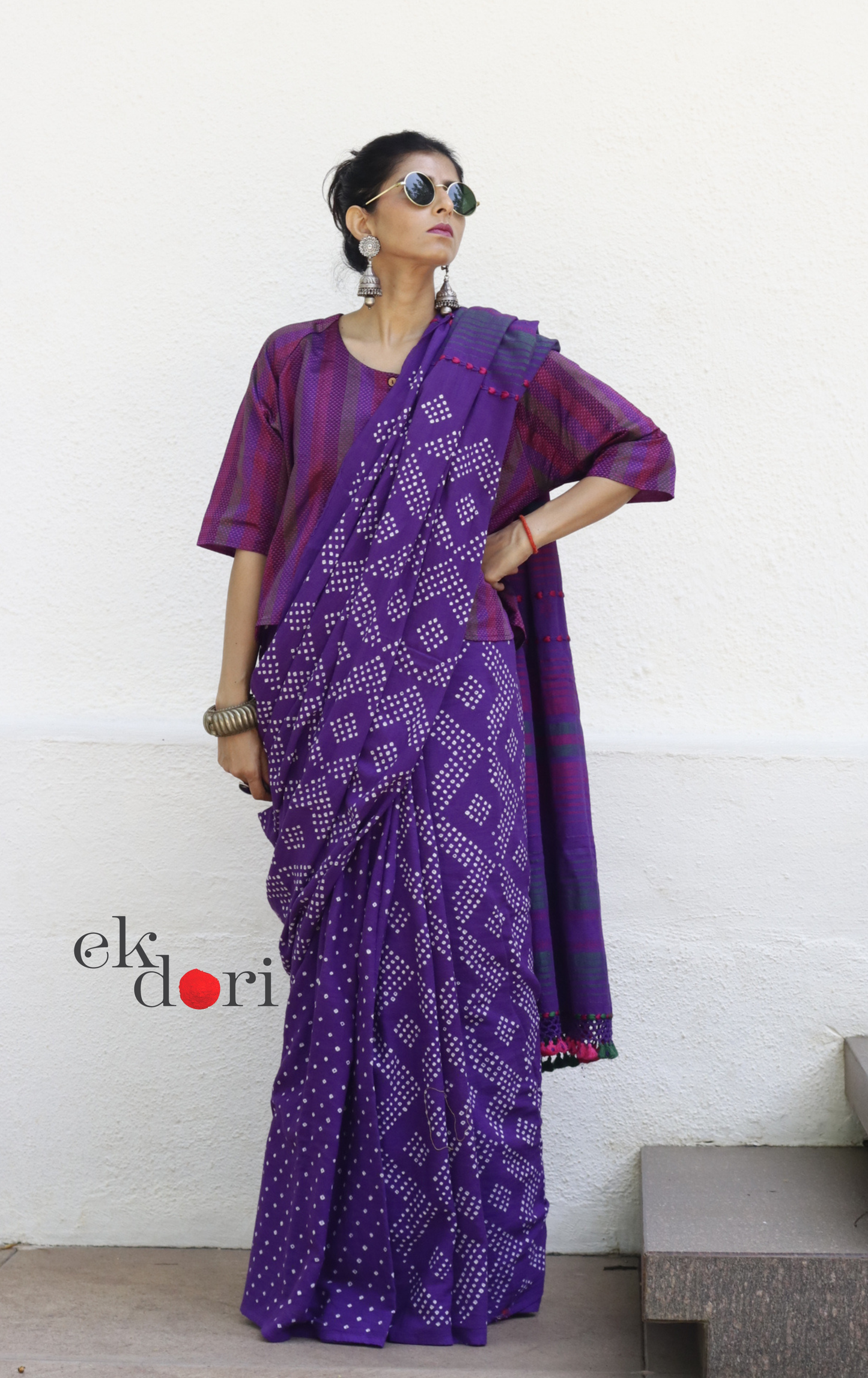 Handloom Khun Cotton Saree Blouse : Pink Purple Stripes Modern Khun Saree Blouse / Crop Top