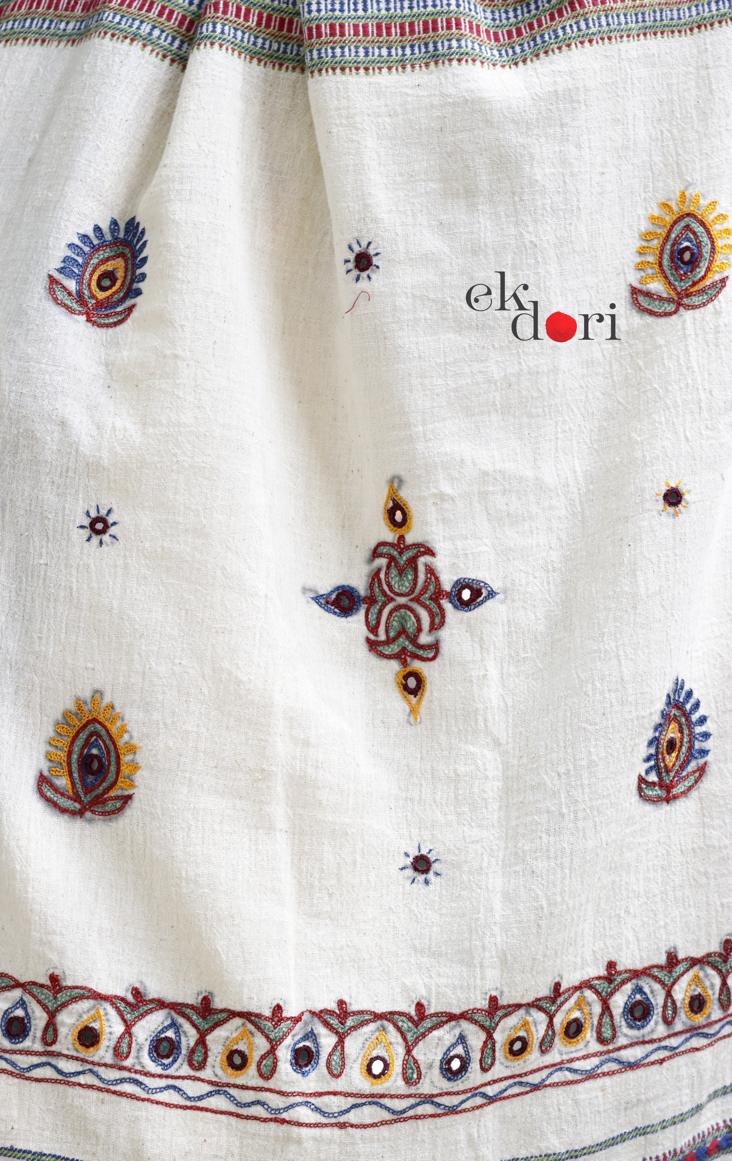 Bhujodi Saree 'Salt Desert' White Handloom Hand Embroidered Mirror Work Bhujodi Saree : Pure Kala Cotton Unique Bhujodi Handloom Saree