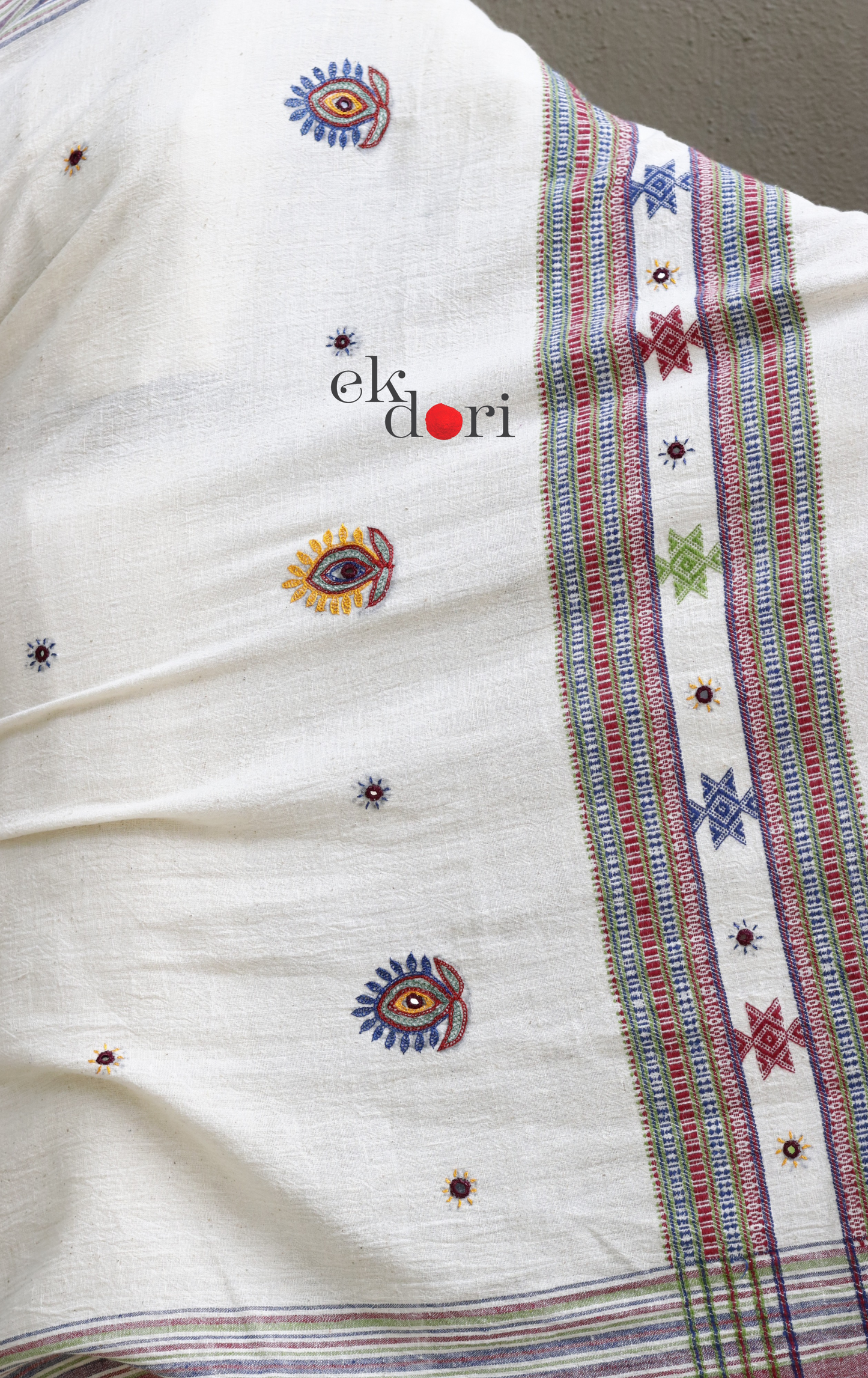 Bhujodi Saree 'Salt Desert' White Handloom Hand Embroidered Mirror Work Bhujodi Saree : Pure Kala Cotton Unique Bhujodi Handloom Saree