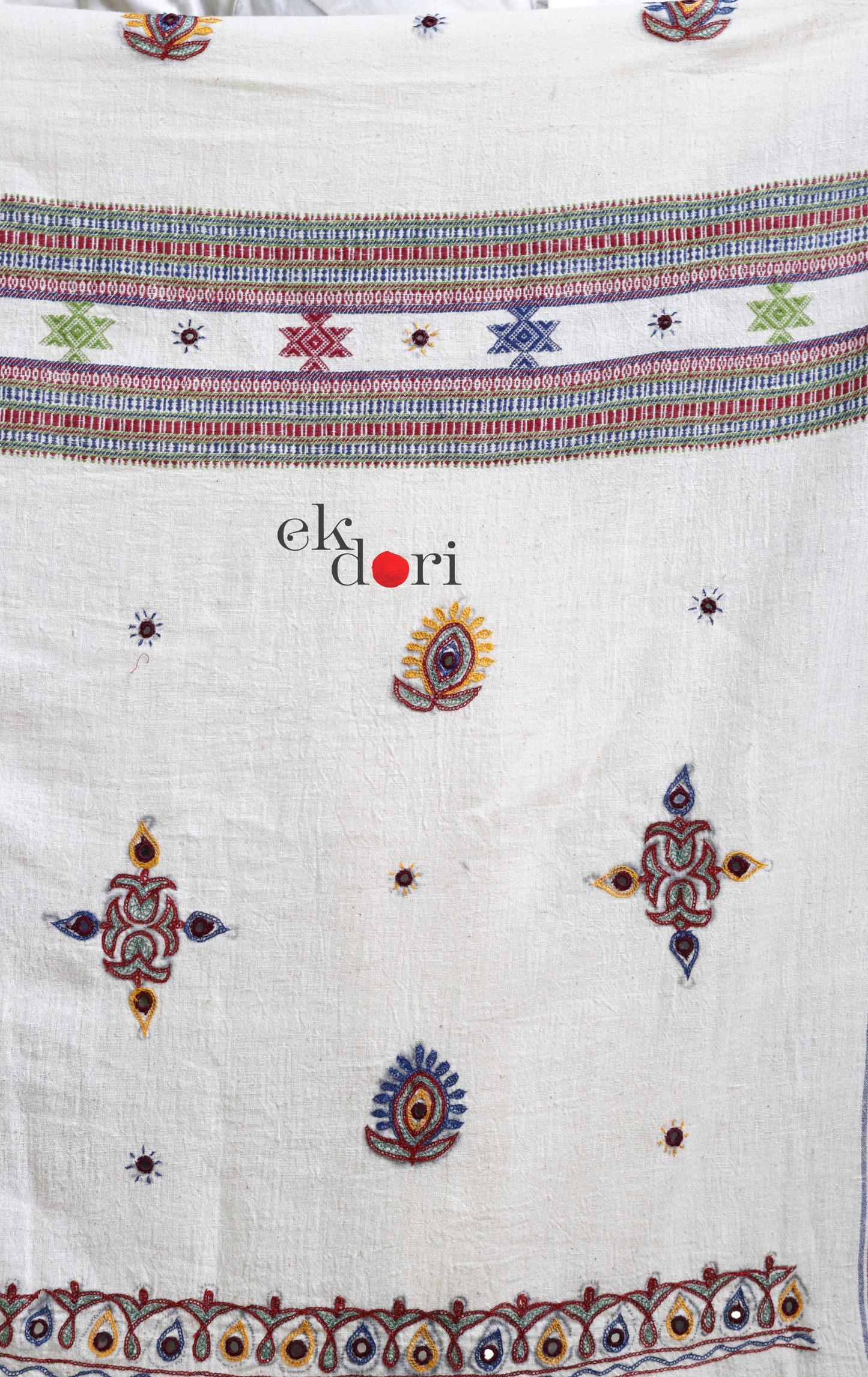 Bhujodi Saree 'Salt Desert' White Handloom Hand Embroidered Mirror Work Bhujodi Saree : Pure Kala Cotton Unique Bhujodi Handloom Saree