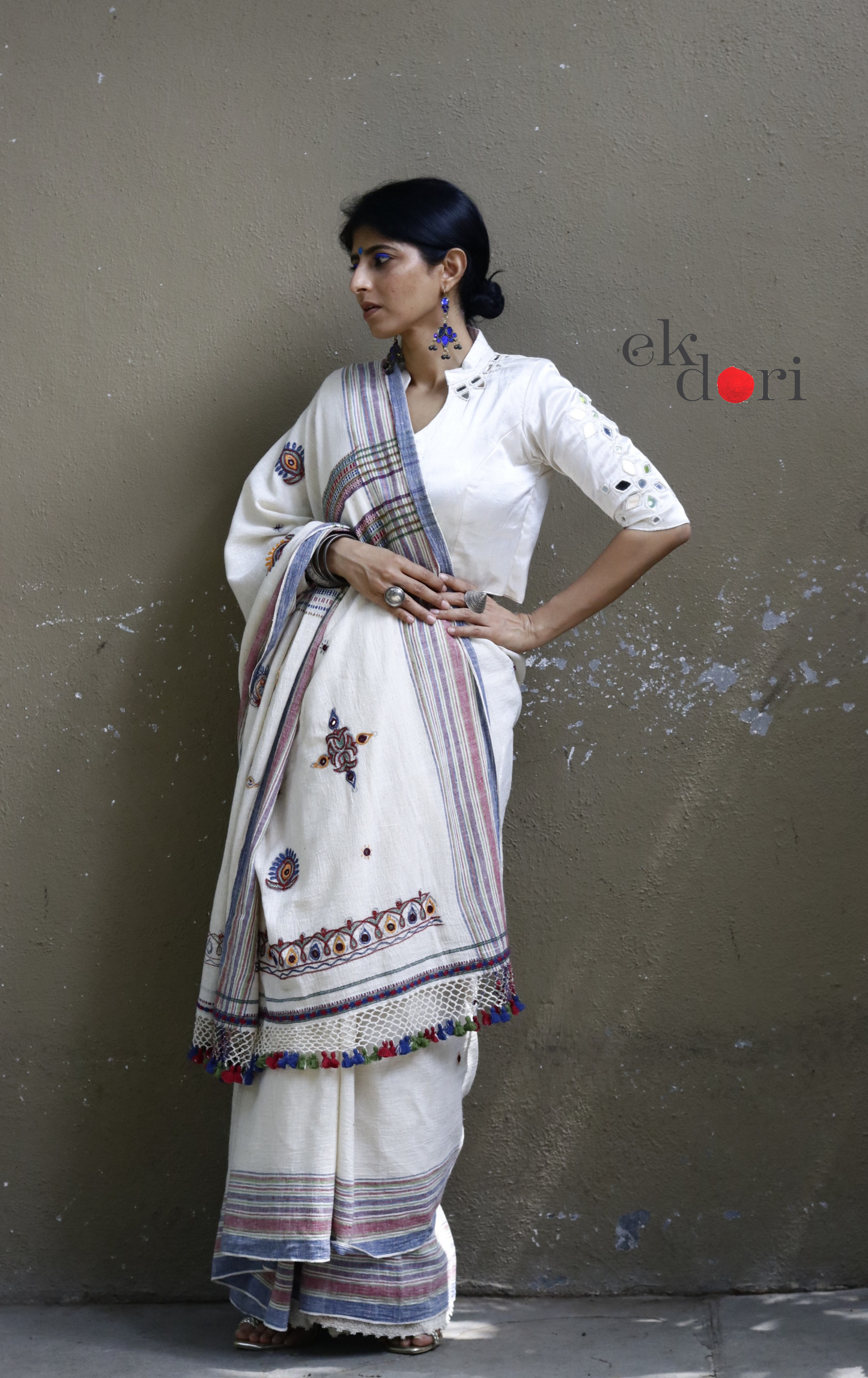 Bhujodi Saree 'Salt Desert' White Handloom Hand Embroidered Mirror Work Bhujodi Saree : Pure Kala Cotton Unique Bhujodi Handloom Saree
