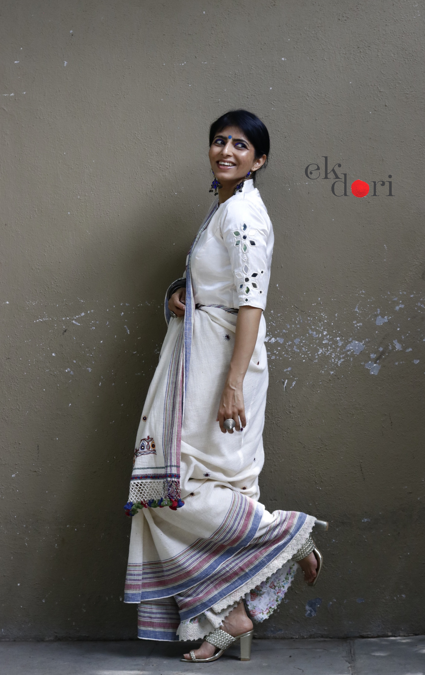Bhujodi Saree 'Salt Desert' White Handloom Hand Embroidered Mirror Work Bhujodi Saree : Pure Kala Cotton Unique Bhujodi Handloom Saree