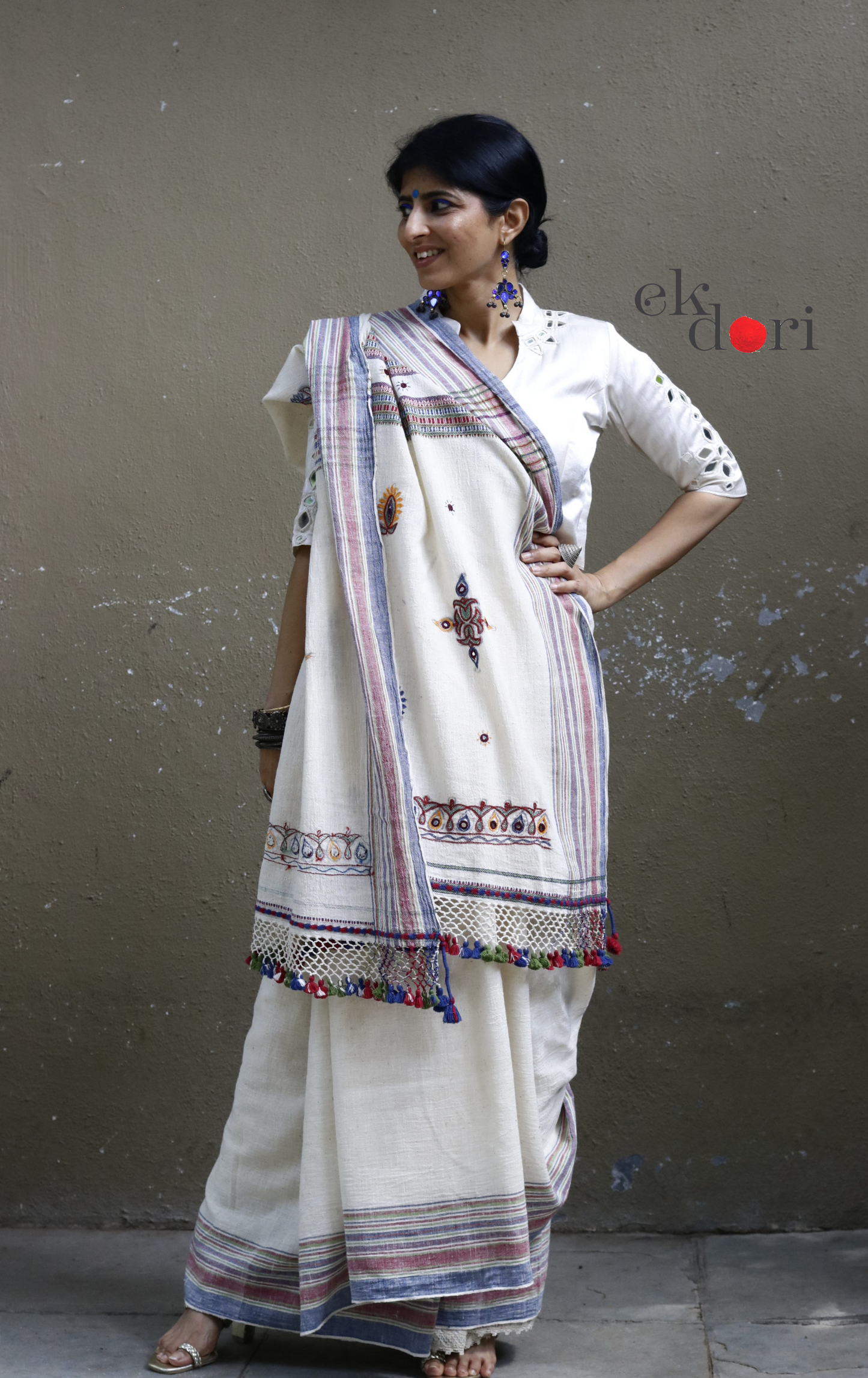Bhujodi Saree 'Salt Desert' White Handloom Hand Embroidered Mirror Work Bhujodi Saree : Pure Kala Cotton Unique Bhujodi Handloom Saree