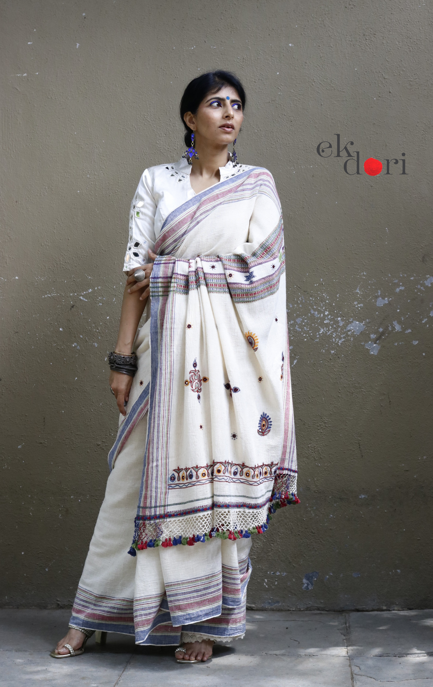 Bhujodi Saree 'Salt Desert' White Handloom Hand Embroidered Mirror Work Bhujodi Saree : Pure Kala Cotton Unique Bhujodi Handloom Saree