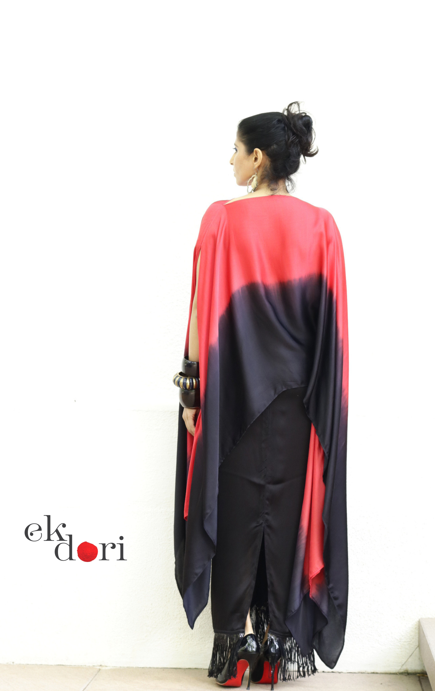Modal Ombré Drape Top ; Fringe Wrap Skirt Co-ord Set in Red ; Black | 'Scarlett Noir' | Ek Dori