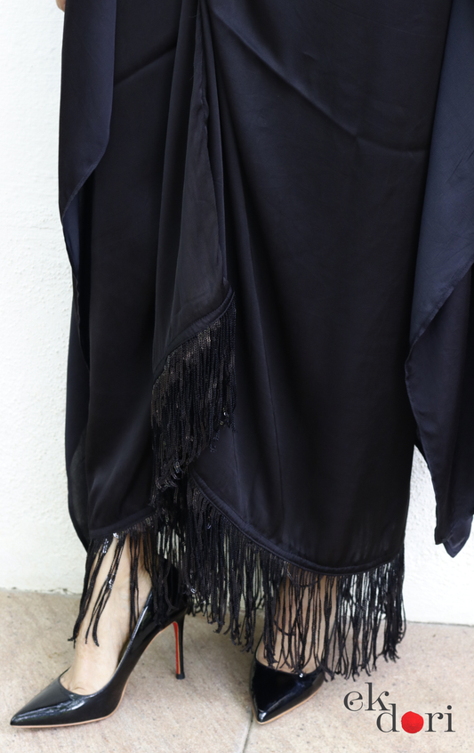Modal Ombré Drape Top ; Fringe Wrap Skirt Co-ord Set in Red ; Black | 'Scarlett Noir' | Ek Dori