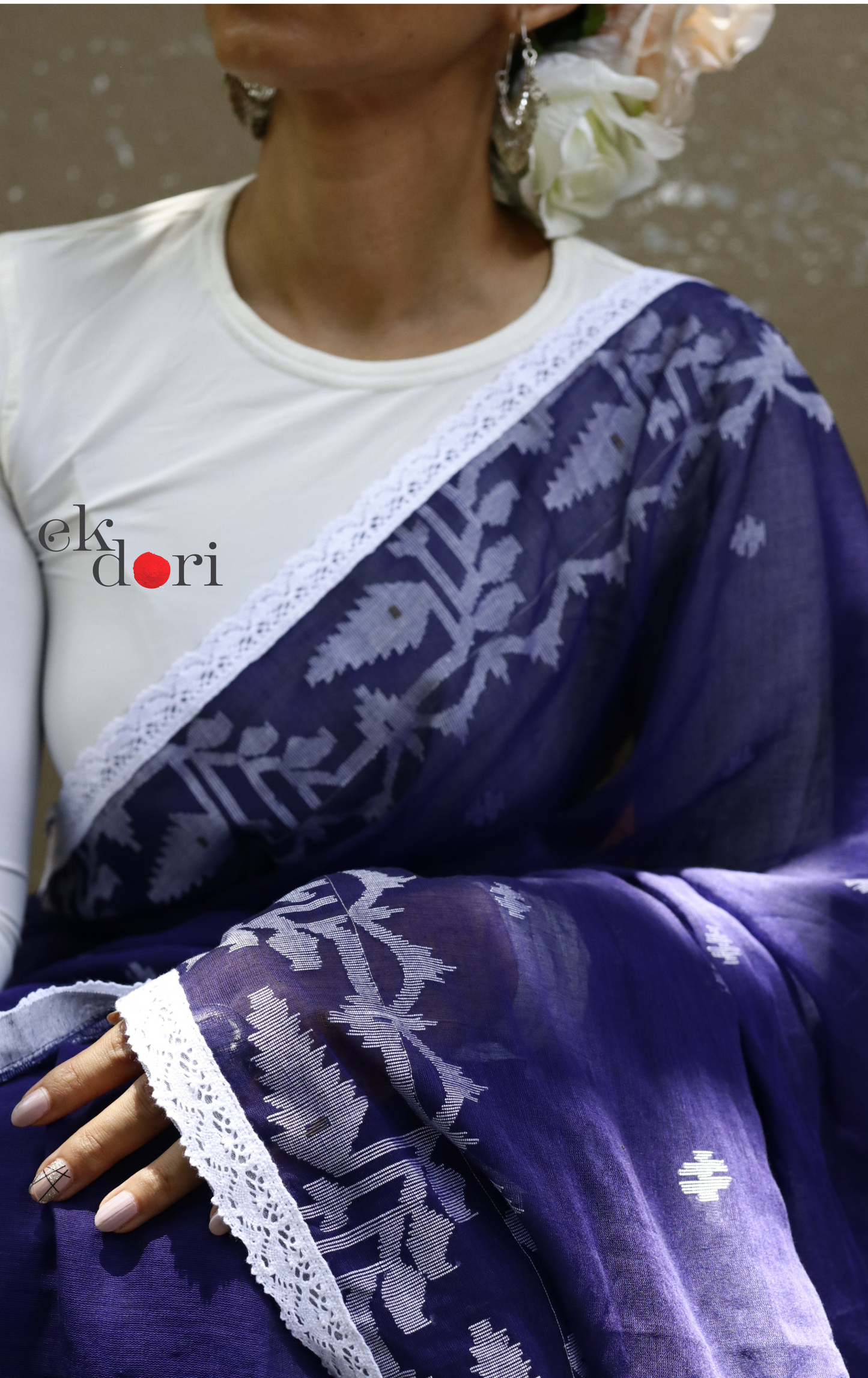 Buy Blue Soft Cotton Needle Jamdani Saree : Needle Jamdani Handmade Handloom Saree 'Siyahi'