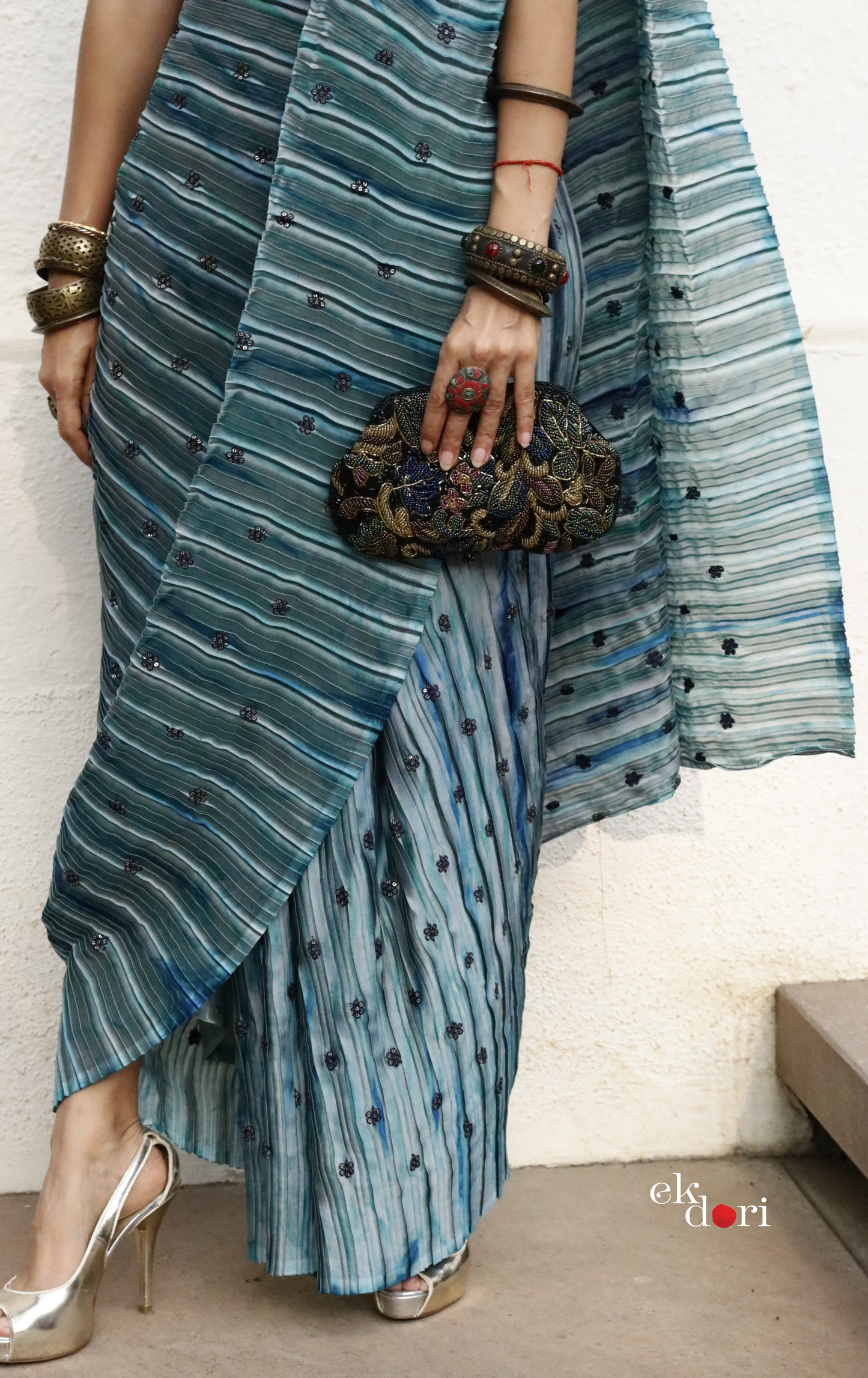 'Deep Ocean' Ready To Wear Draped Saree Skirt : Fun Modern Micropleated Quick Draped Saree