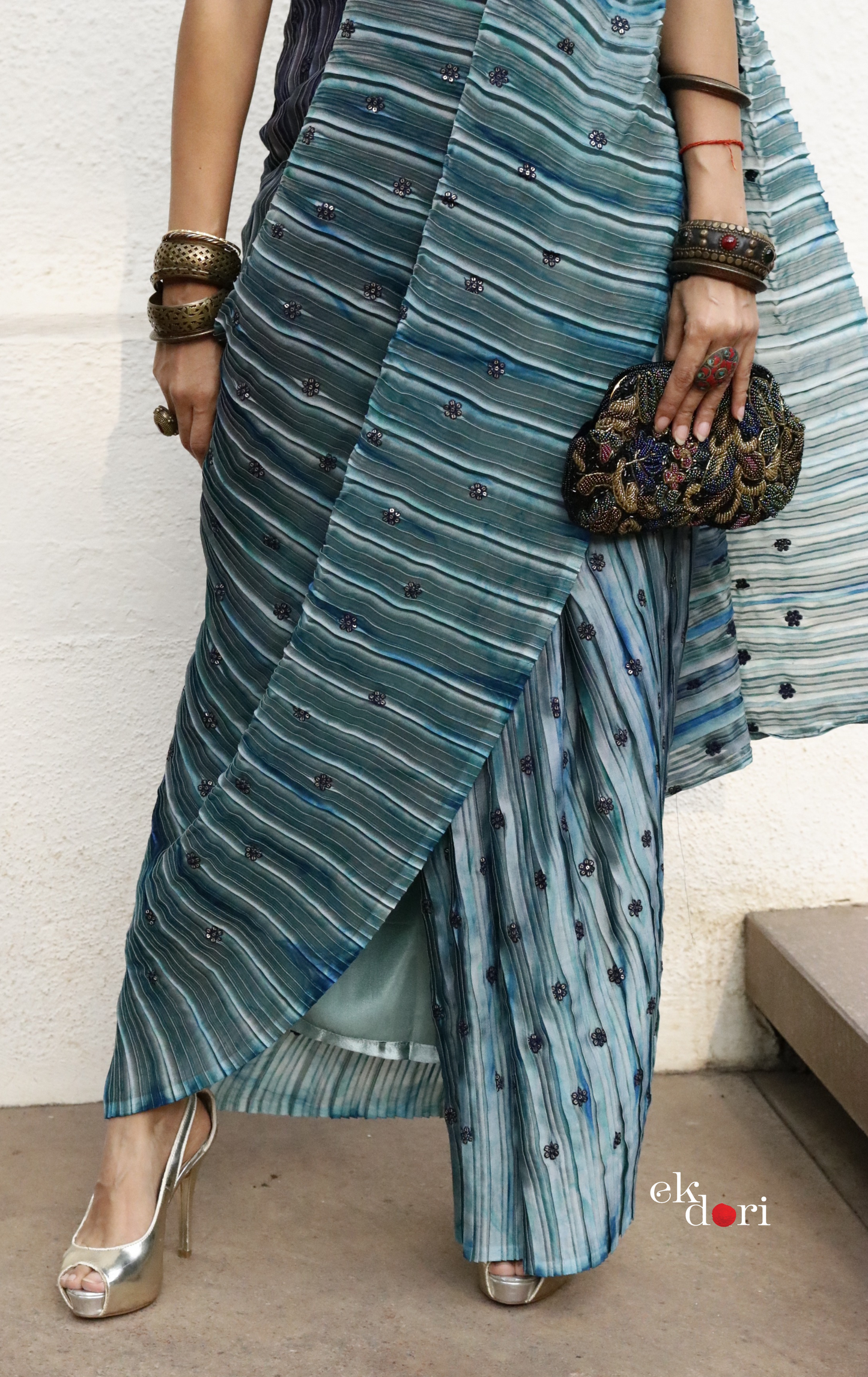 'Deep Ocean' Ready To Wear Draped Saree Skirt : Fun Modern Micropleated Quick Draped Saree