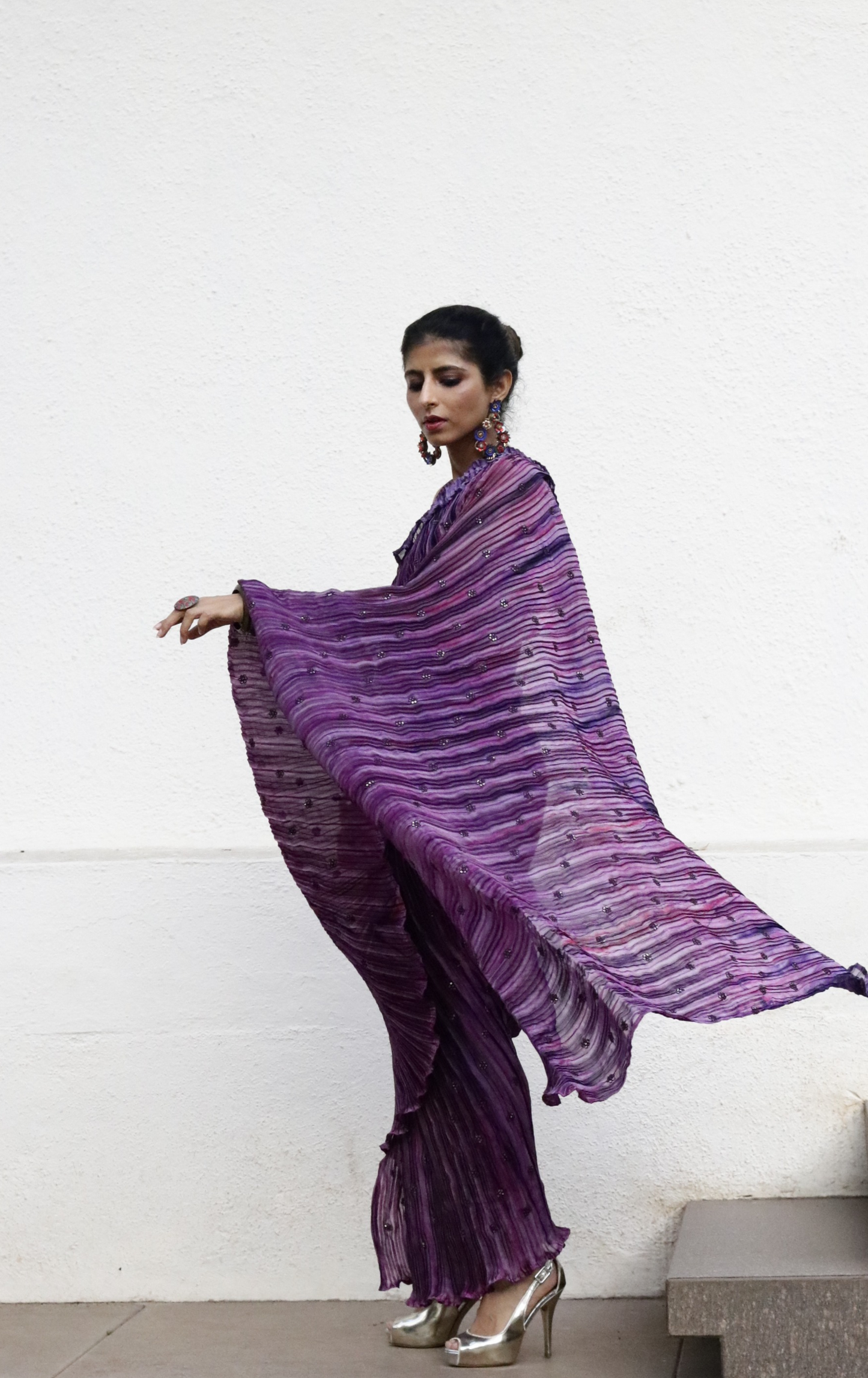 'Purple Plum' Ready To Wear Draped Saree Skirt : Fun Modern Micropleated Quick Draped Saree
