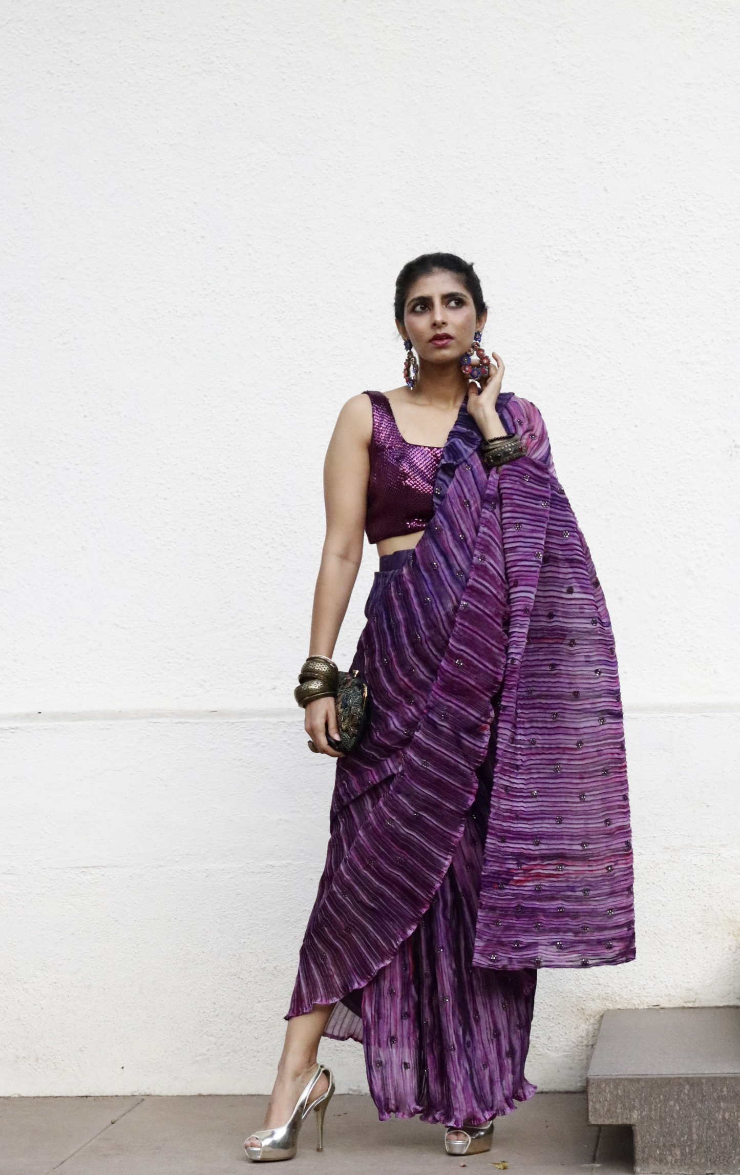 'Purple Plum' Ready To Wear Draped Saree Skirt : Fun Modern Micropleated Quick Draped Saree