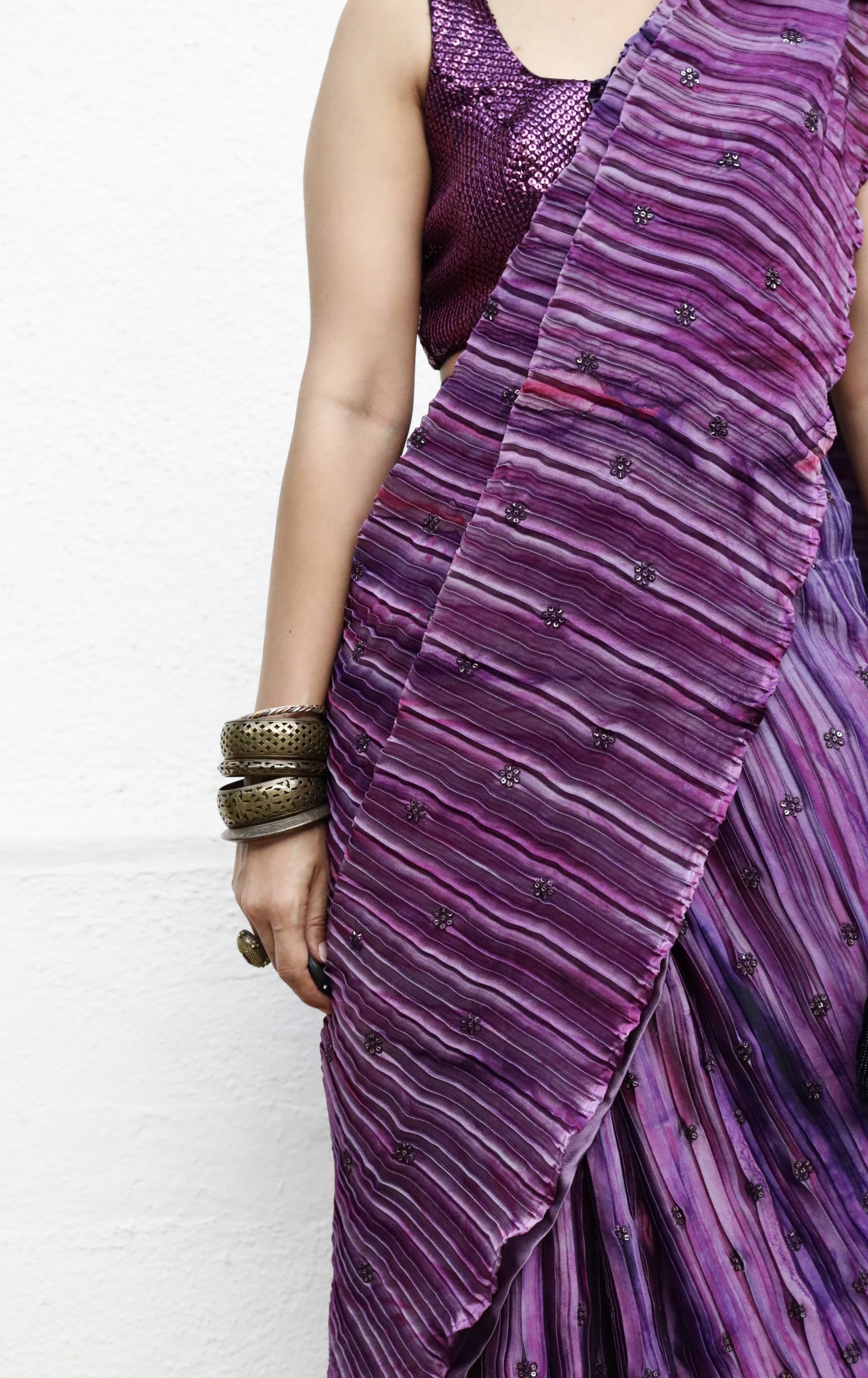 'Purple Plum' Ready To Wear Draped Saree Skirt : Fun Modern Micropleated Quick Draped Saree